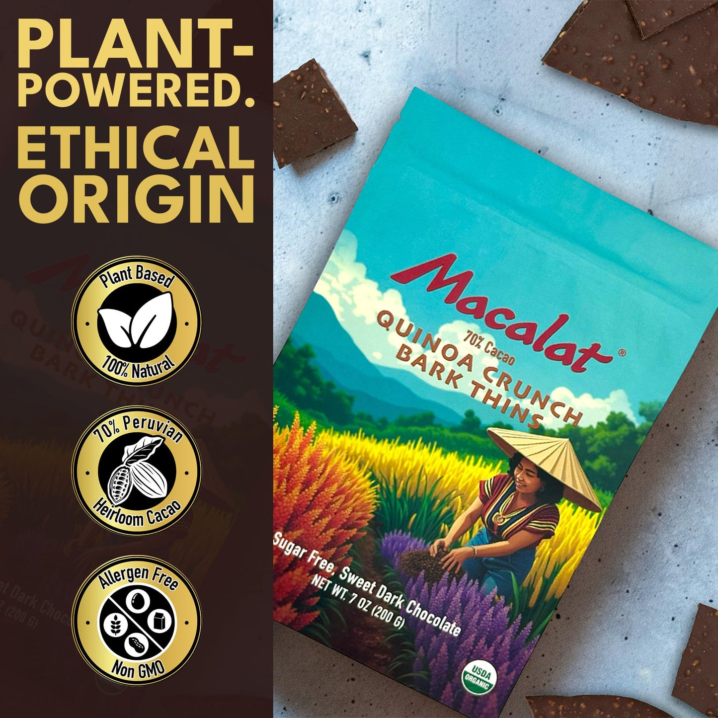 Macalat Quinoa Chocolate Crunch Thins, Sugar-Free Sweet Dark Chocolate Quinoa Crisps with Allulose and Monk Fruit, Bitter-Free 70% Peruvian Cacao