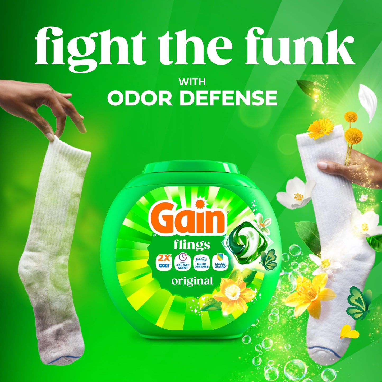 Gain Flings Liquid Washing Detergent Pods, Now with Odor Defense + Color Guard, Original Scent, 4-In-1 Liquid Laundry Detergent Pacs, Clean & Fresh