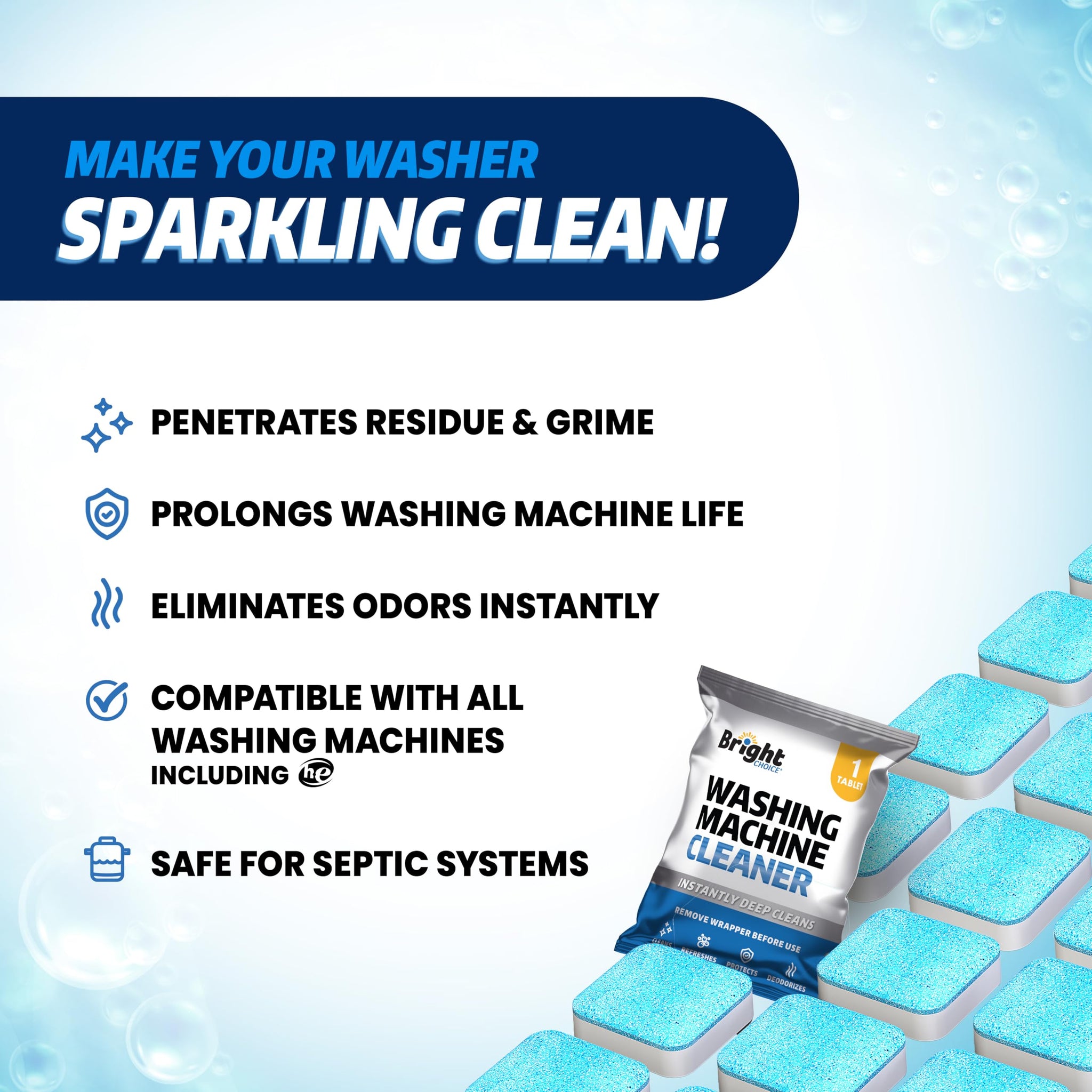 Washing Machine Cleaner Tablets 24 Pack - Deep Cleaning Tablets for Front & Top Load, Works With HE Washers, Removes Residue, Odor & Pet Hair - 12