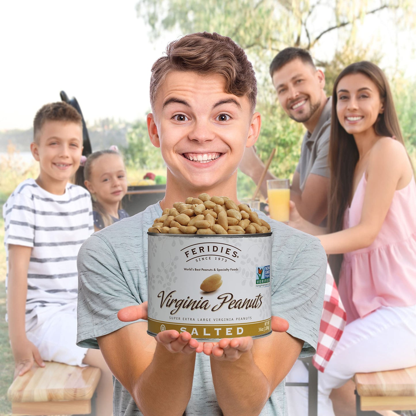 FERIDIES Extra Large Gourmet Virginia Salted Peanuts, Cooked in Pure Peanut Oil, No Preservatives, Non-Gmo, Kosher Certified - 36 Oz Tin