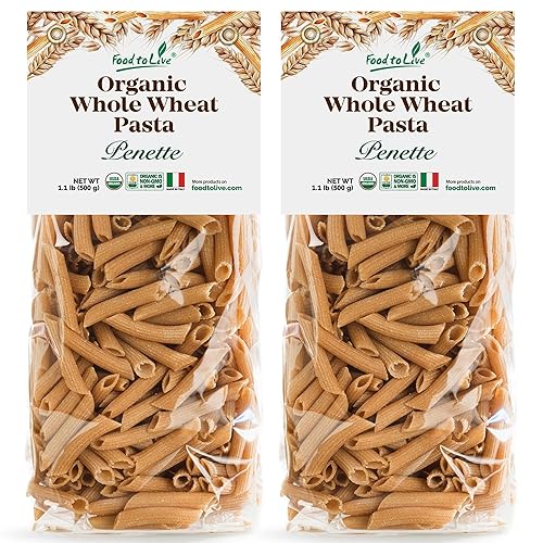Food to Live Organic Pennette Whole Wheat Pasta 1.1 lb (Pack of 2) - Made in Italy. Pasta Integrale Bio. High Fiber, Non-GMO, Vegan, Bulk