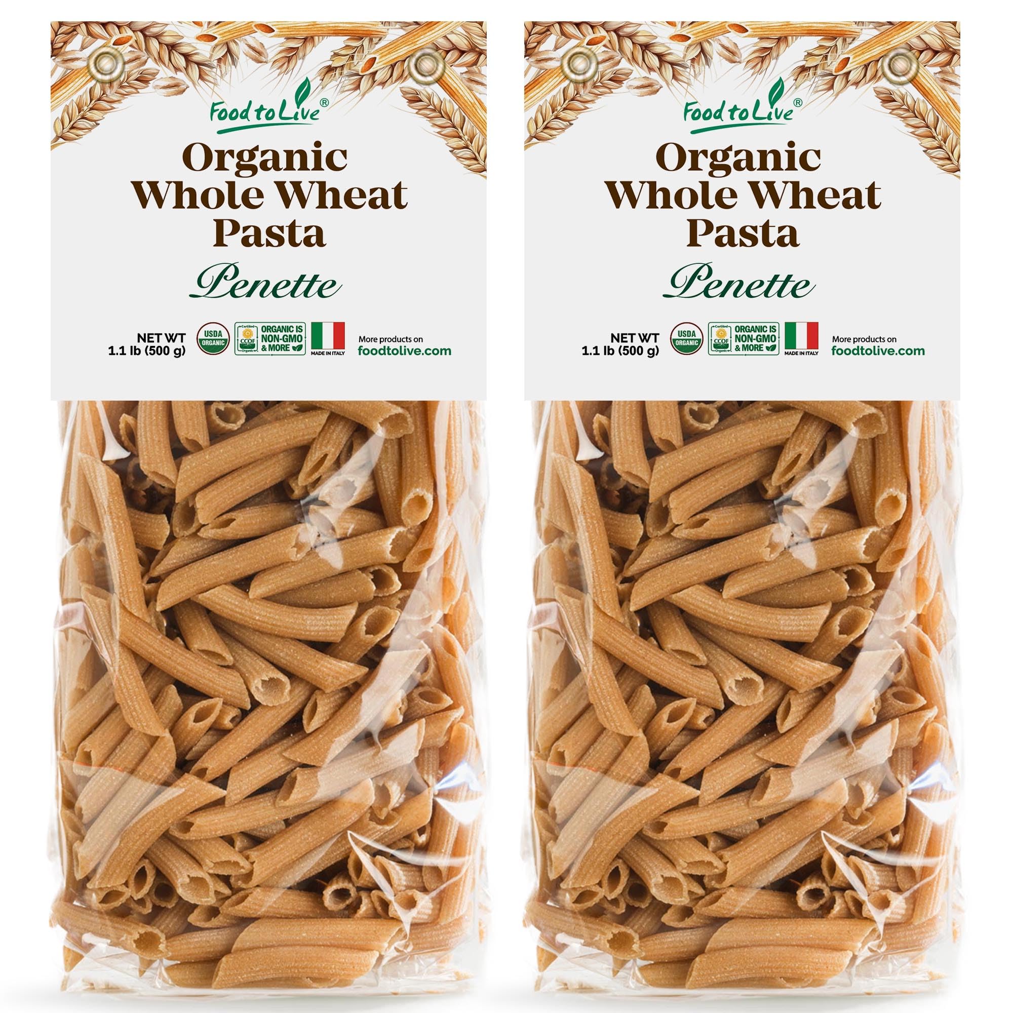 Food to Live Organic Pennette Whole Wheat Pasta 1.1 lb (Pack of 2) - Made in Italy. Pasta Integrale Bio. High Fiber, Non-GMO, Vegan, Bulk