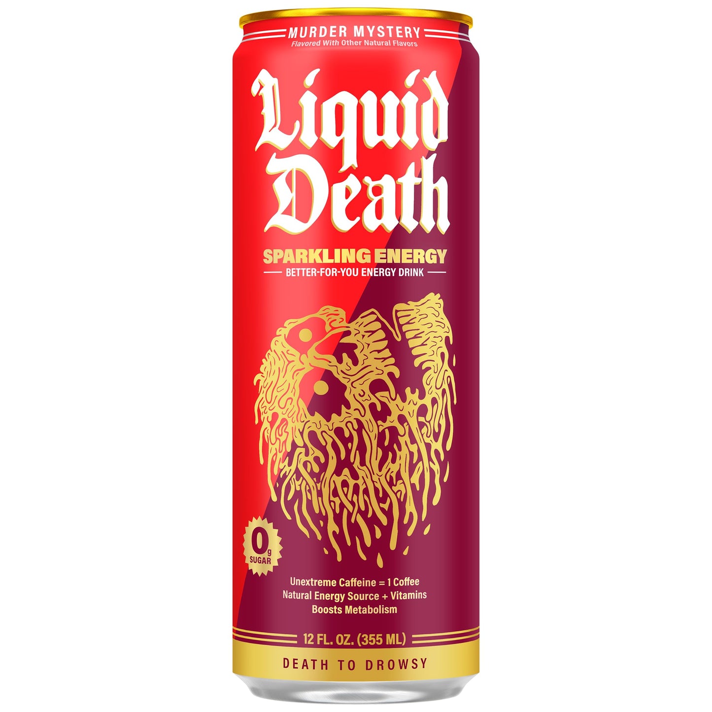 Liquid Death Sparkling Energy - Murder Mystery (Cherry, Cream, Spice), Zero Sugar Energy Drink, Unextreme Caffeine 100mg, Essential Vitamins, 12 Fl Oz