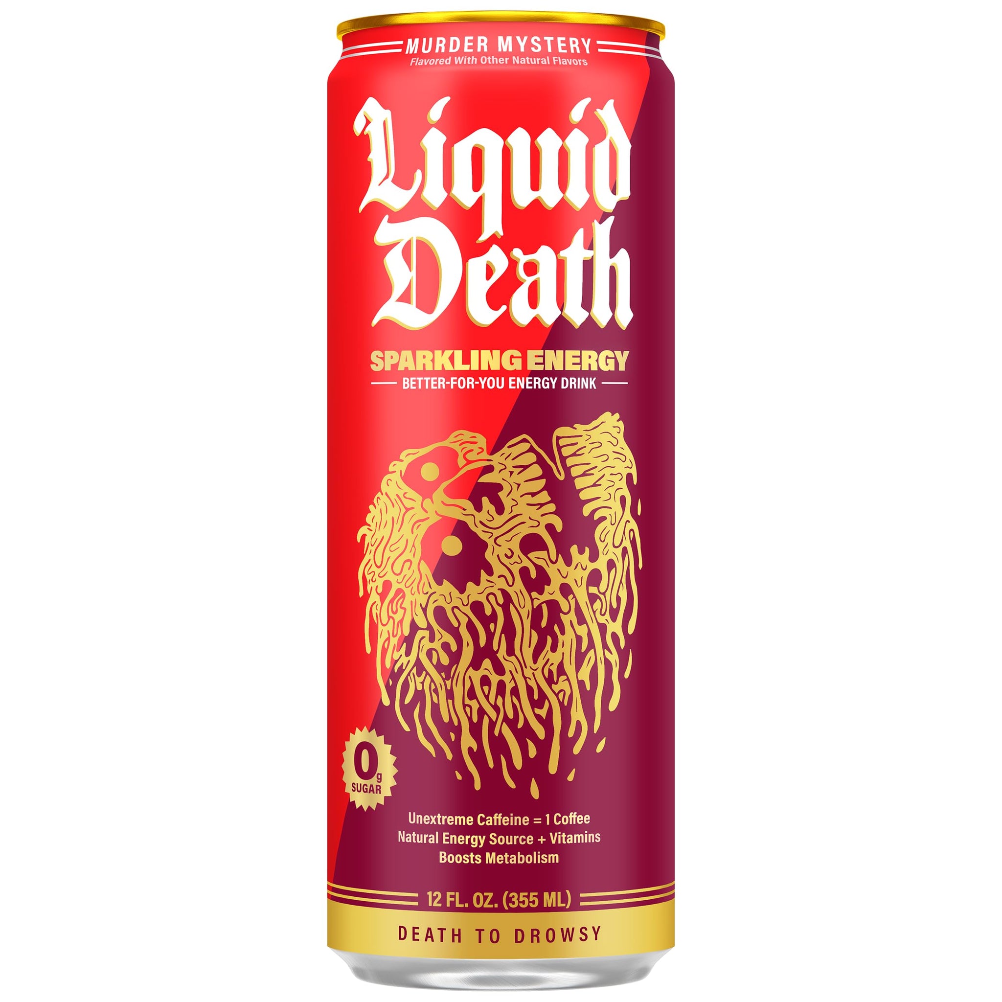 Liquid Death Sparkling Energy - Murder Mystery (Cherry, Cream, Spice), Zero Sugar Energy Drink, Unextreme Caffeine 100mg, Essential Vitamins, 12 Fl Oz