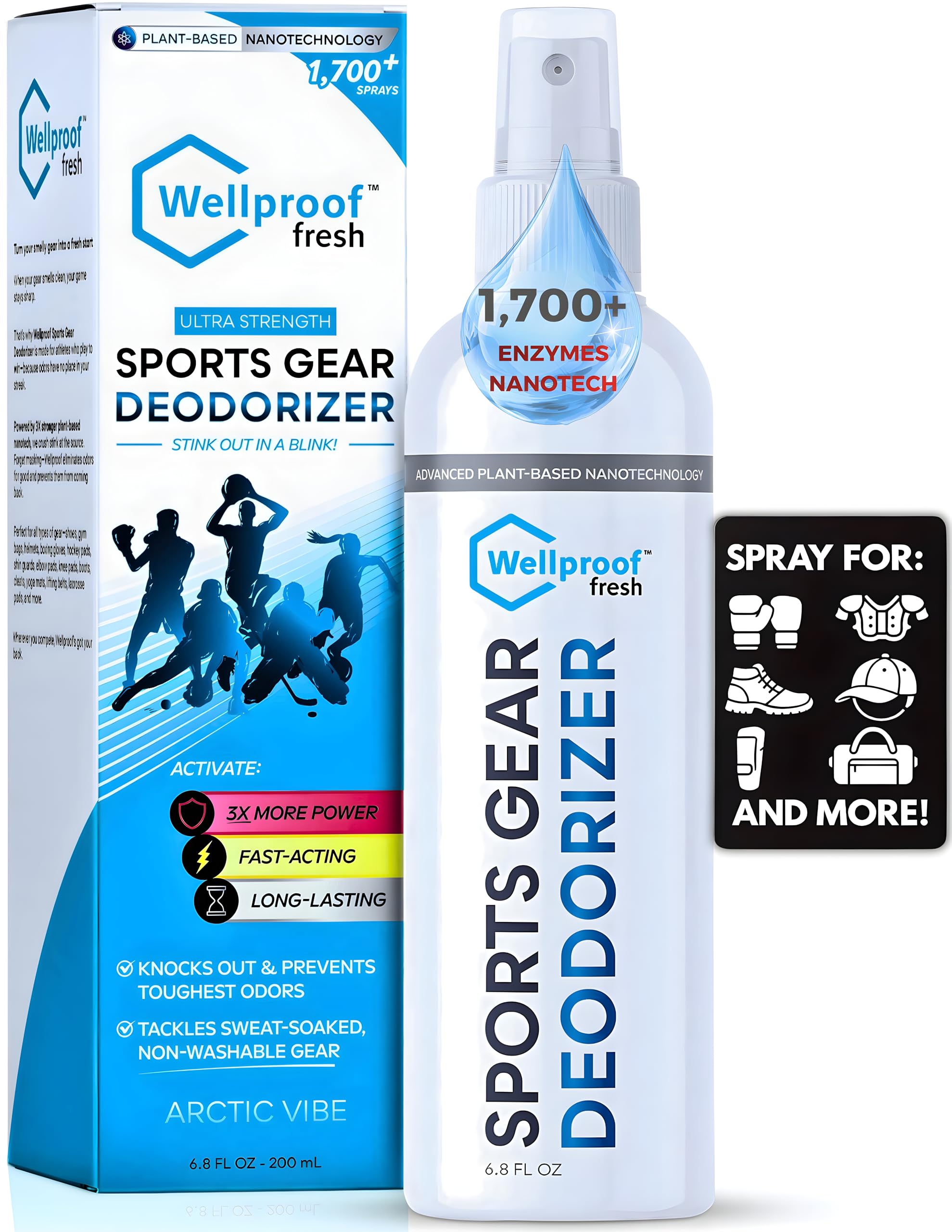 Wellproof 2-in-1 Sports Gear Cleaner & Odor Eliminator - 3X Powerful Nano-Enzyme Deodorizer for Athletic Gear, Baseball, Hockey, Football, Boxing