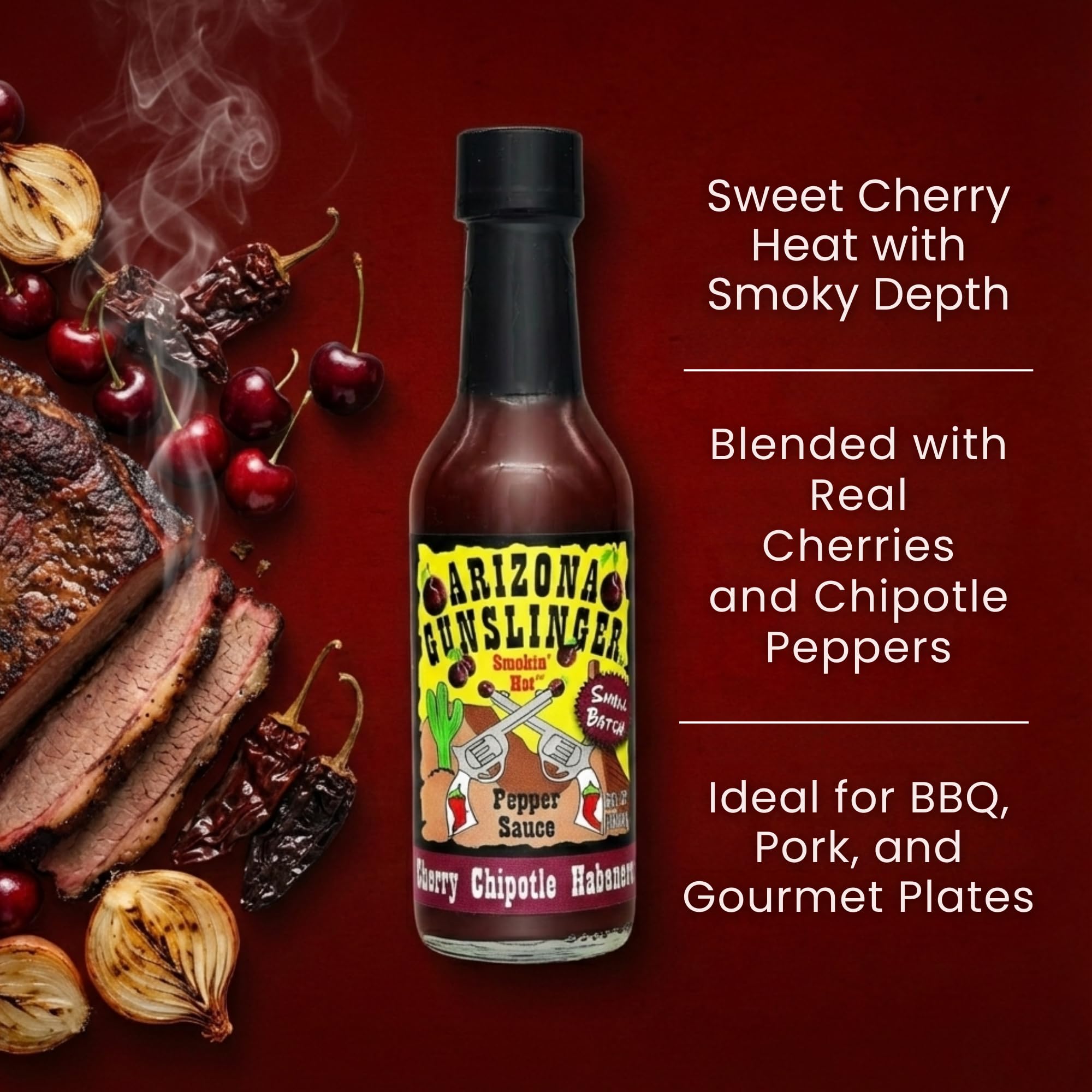 Arizona Gunslinger Cherry Chipotle Pepper Sauce - Sweet and Smoky Hot Sauce with Wild Cherry & Smoked Chipotle Peppers, Gourmet Sweet Heat BBQ Glaze