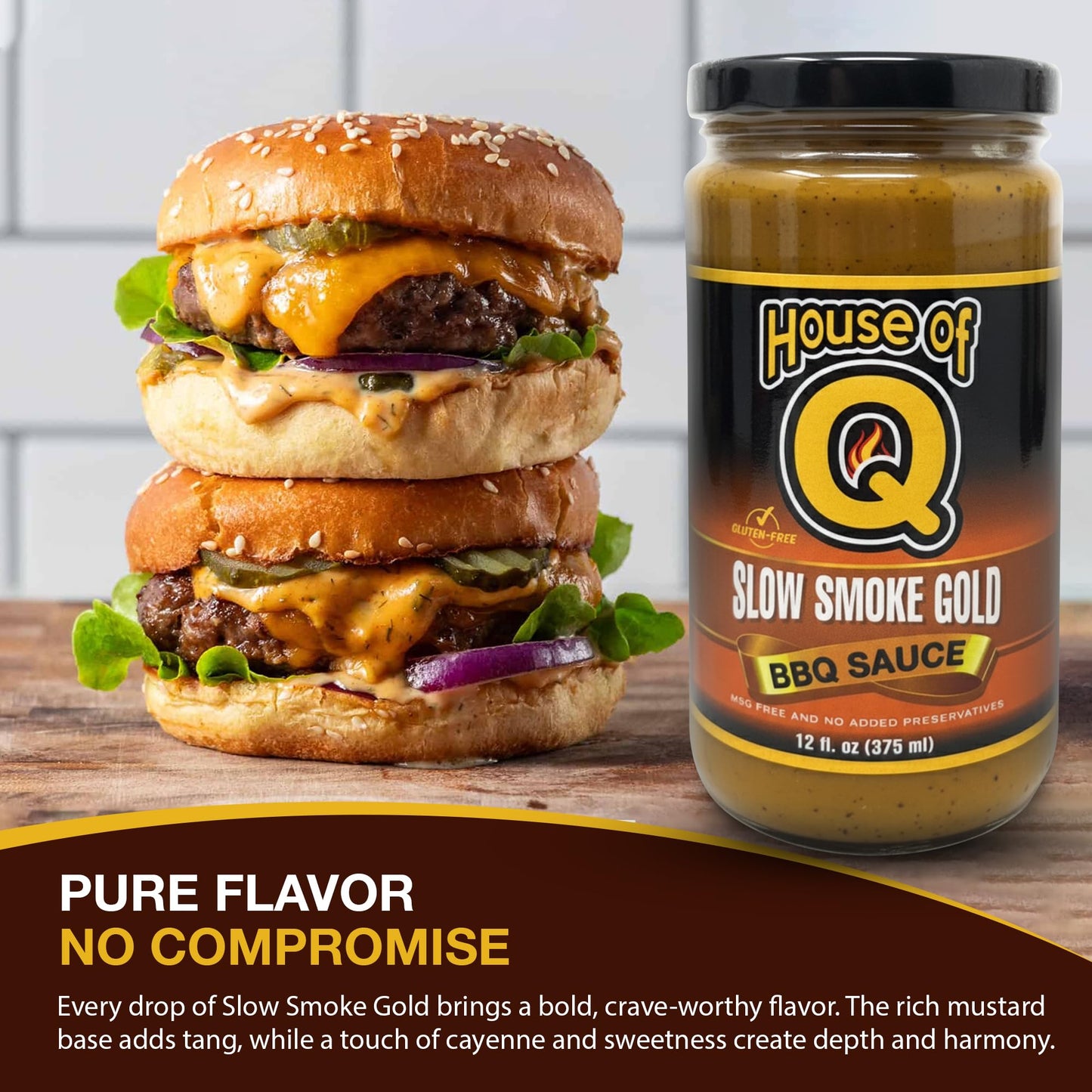 House of Q Slow Smoke Gold BBQ Sauce - Award-Winning Mustard-Based Barbecue Sauce with Tangy, Zesty, Bright and Mustard Flavor - Gluten Free, MSG