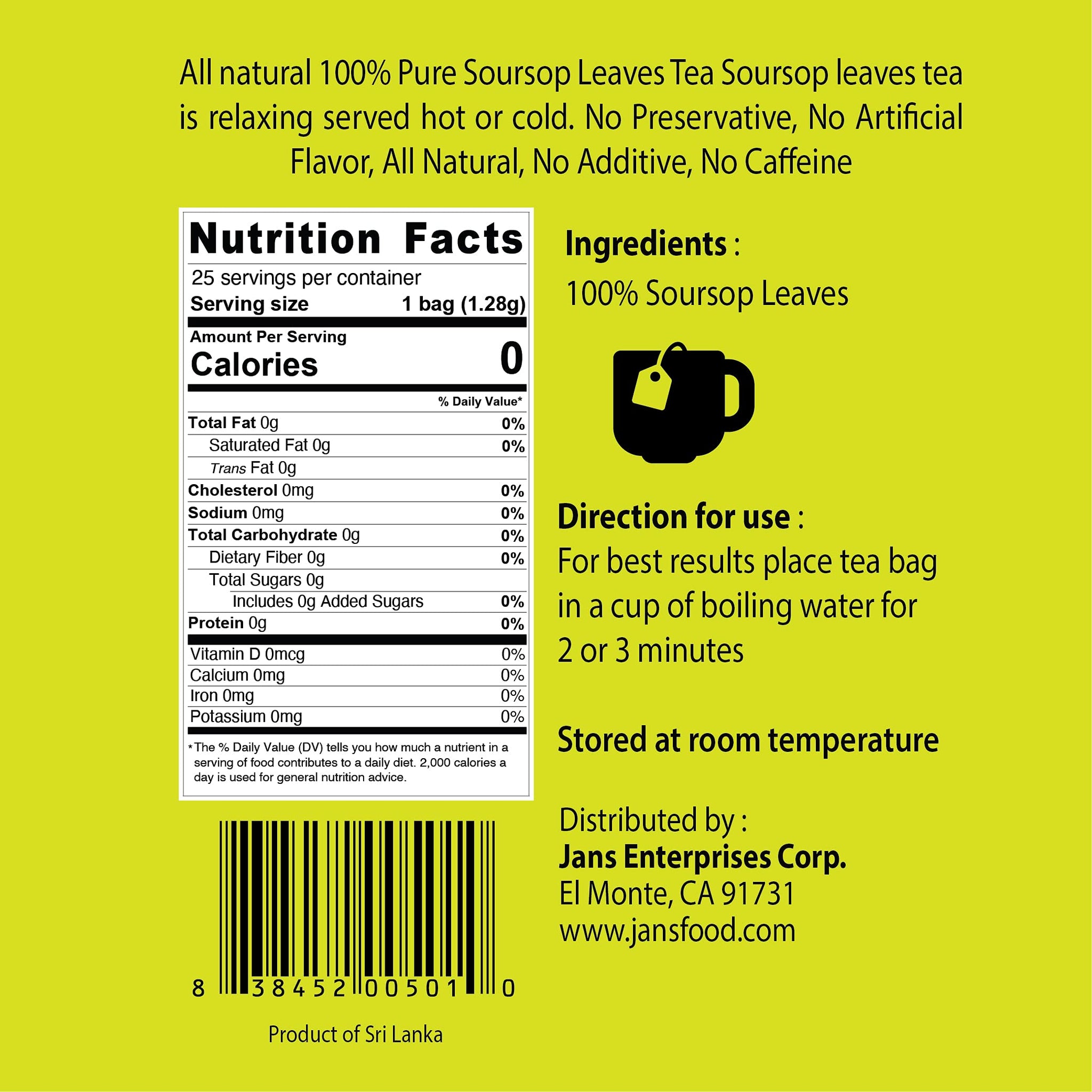 Jans Soursop Tea Bags (25 Count) - Full Strength Herbal Tea from 100% Natural Soursop Leaves - Hoja De Guanabana Graviola Leaf Tea - Caffeine Free