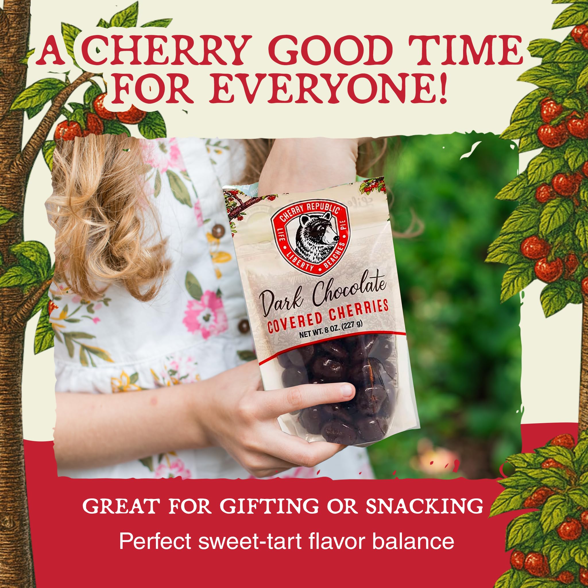 Cherry Republic Dark Chocolate Covered Cherries, 7 oz - Premium Michigan Montmorency Dried Cherries Coated in Rich 60% Dark Chocolate, Balanced Tart