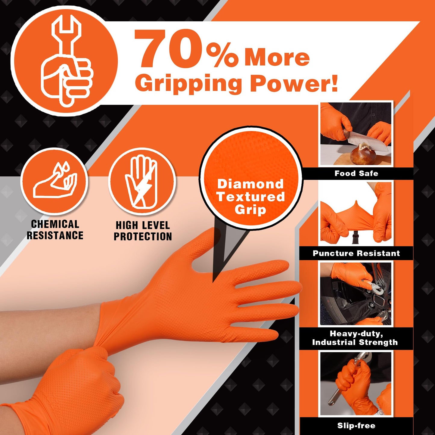MEDPRAYER Industrial Orange Nitrile Gloves - Disposable Rubber Gloves 8 Mil - Raised Diamond Texture, Latex & Powder Free - Size Small, Pack of 100