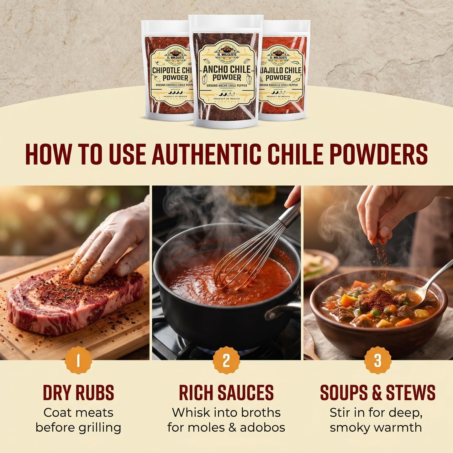 Chile Powder Ancho, Guajillo, Chipotle Variety Pack (4oz Each) - Dry Chili Pepper Powders for Traditional Mexican Cooking, Bold Flavors for Sauces