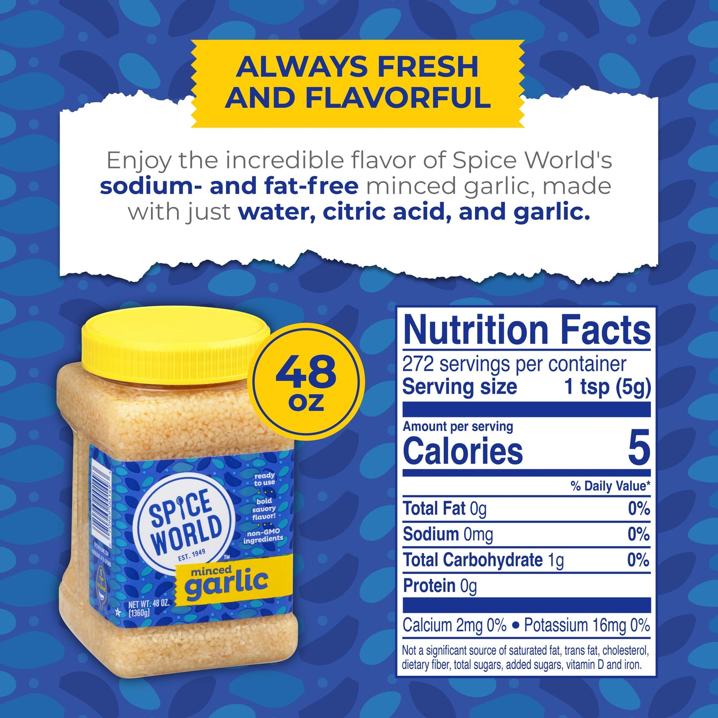 Spice World Minced Garlic - Bulk 48 oz Garlic Container - Ready-to-Use Seasonings for Cooking, Reduce Prep Work and Easily Add Flavor