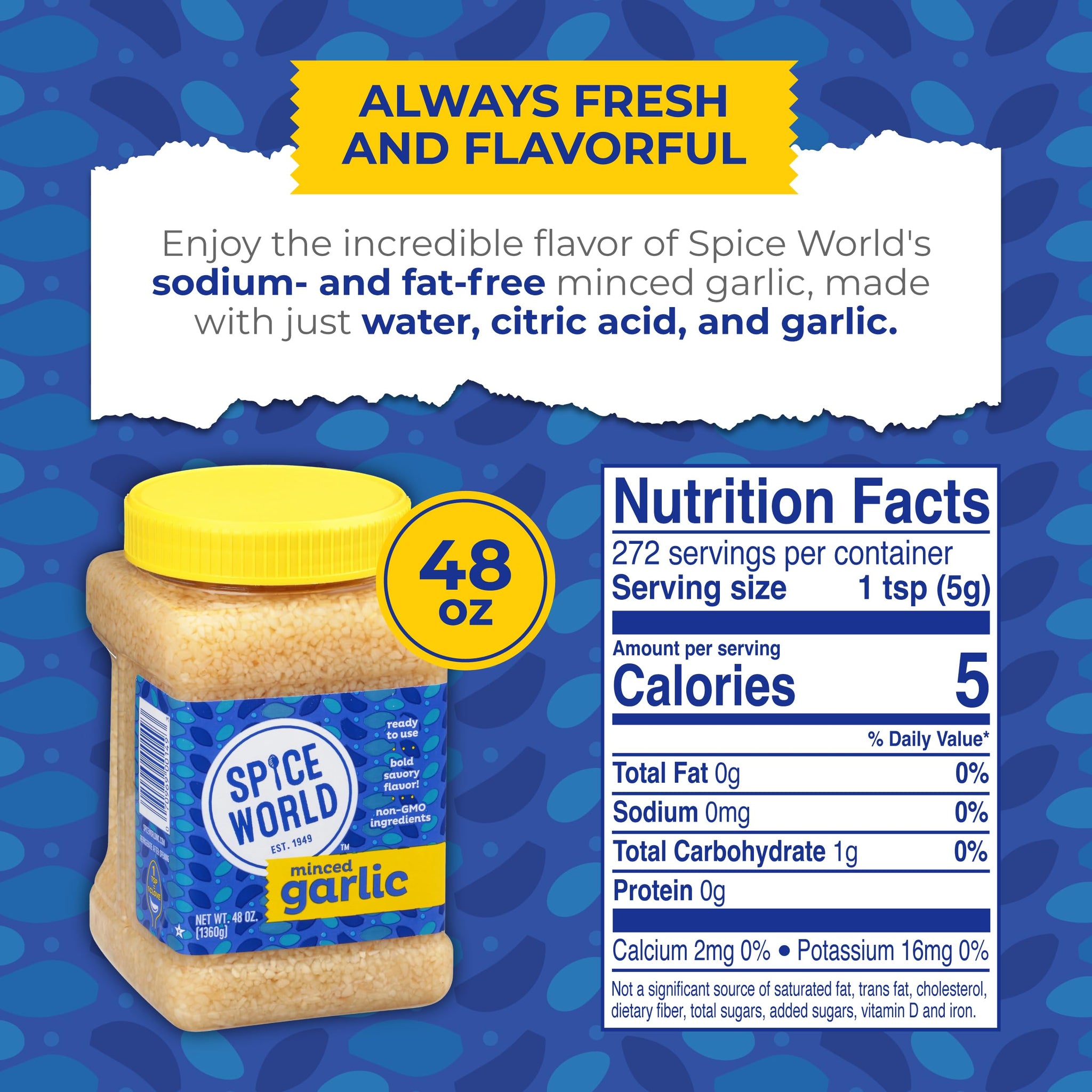 Spice World Minced Garlic - Bulk 48 oz Garlic Container - Ready-to-Use Seasonings for Cooking, Reduce Prep Work and Easily Add Flavor