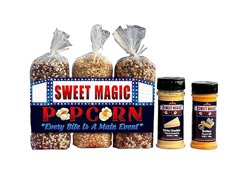 Sweet Magic Popcorn "The Glorious Day Package" - Kernels and Seasonings Variety Pack (set of 5) - 3 Non-GMO 16oz Popcorn Kernel Bags (Purple, White