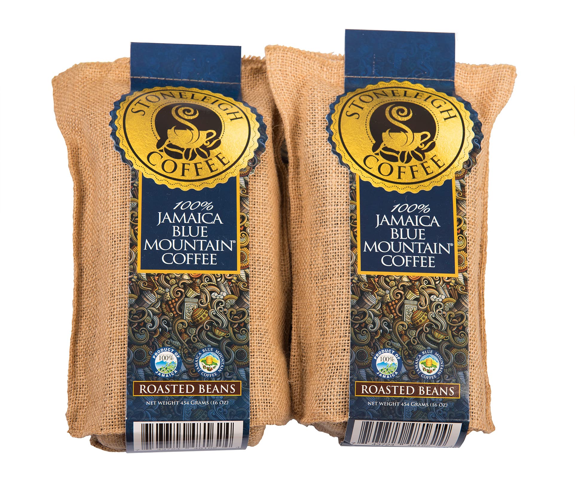 Stoneleigh Coffee - Two Pack(2) Premium 100% Grade A Jamaica Blue Mountain Coffee Roasted Beans - 16Ozs - Genuine Jamaican Product - Traditional