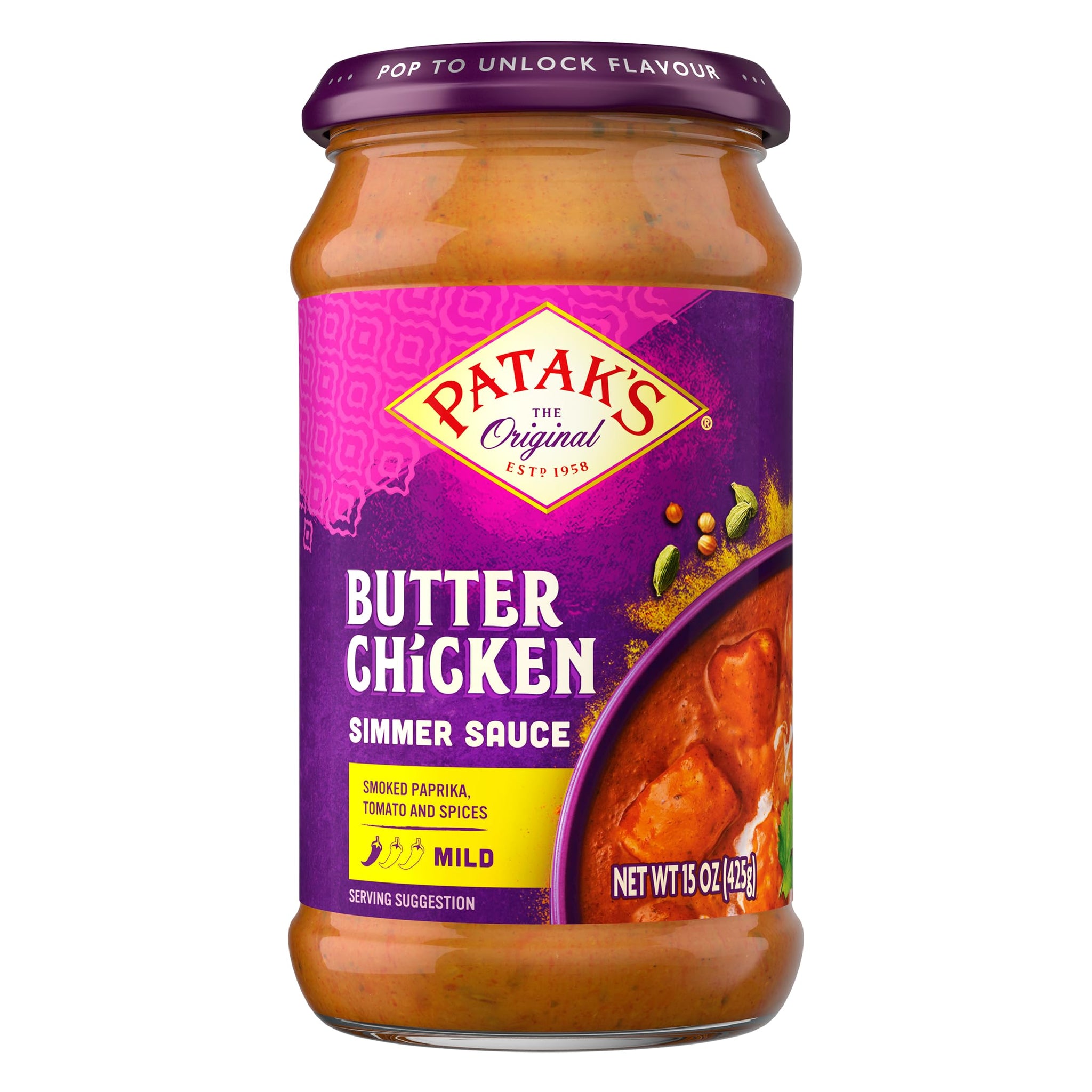 Patak’s Butter Chicken Simmer Sauce - Mild & Creamy Curry Sauce with Tomatoes & Spices - Gluten-Free & Vegetarian Authentic Indian Sauce - Perfect
