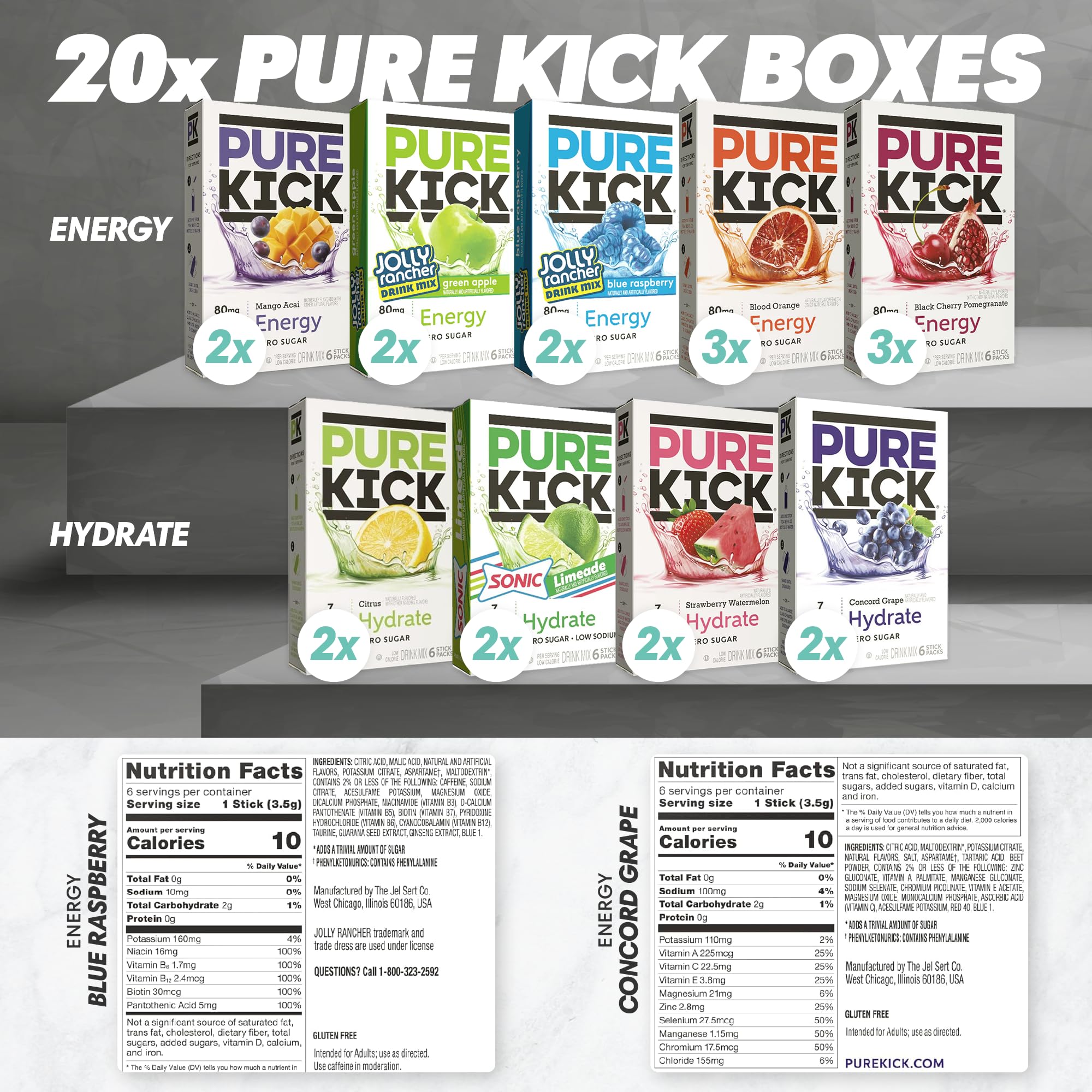 Pure Kick Ultimate Variety Pack - 9 Flavors of Energy Drink Packets - Pure Kick Hydrate and Energy Drink Powder - Water Flavoring Packets - Water