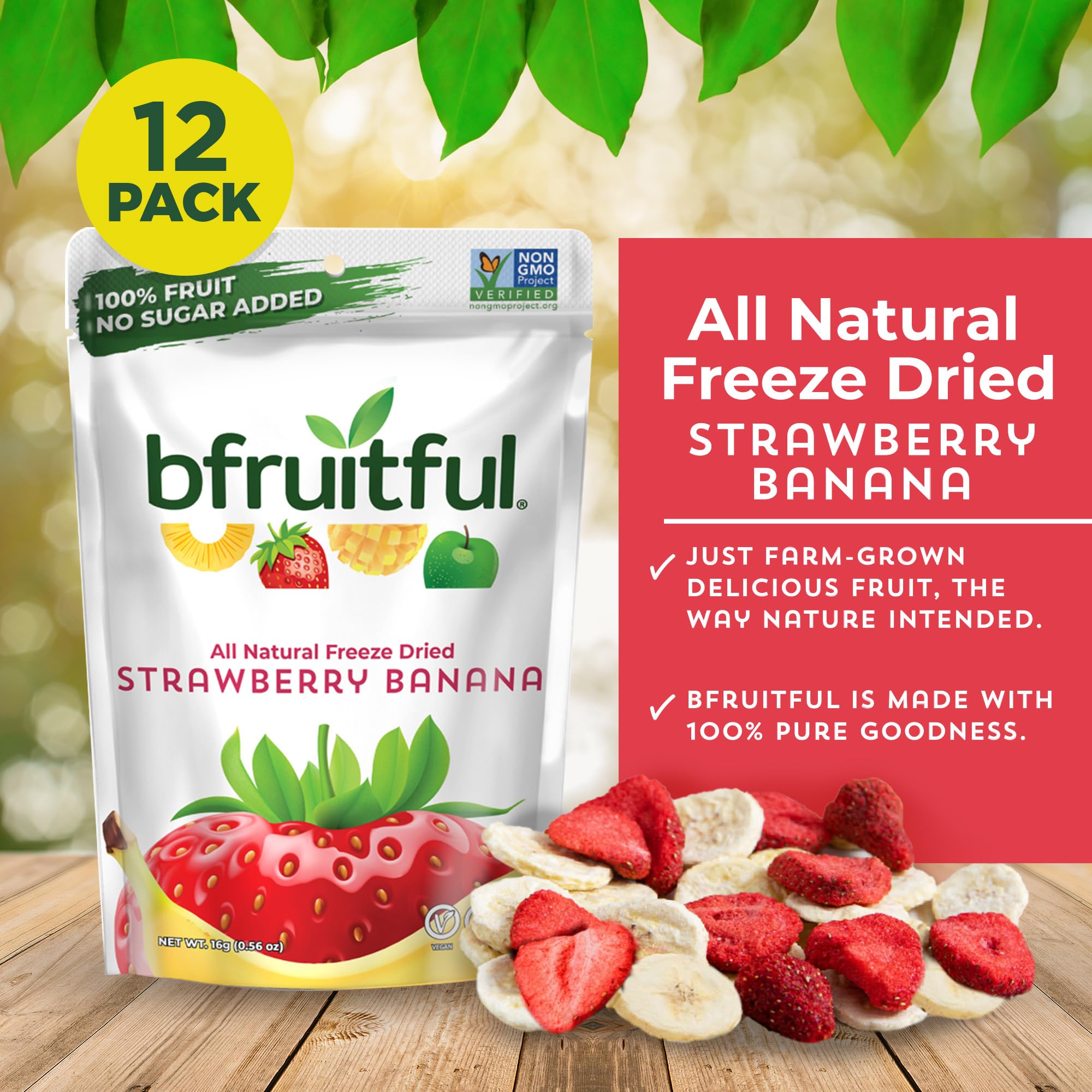bfruitful Freeze-Dried Strawberry Banana, Freeze Dried Fresh Fruit Bites, Gluten Free, Vegan, Dairy Free, Kosher, No Sugar Added, Non GMO, Healthy