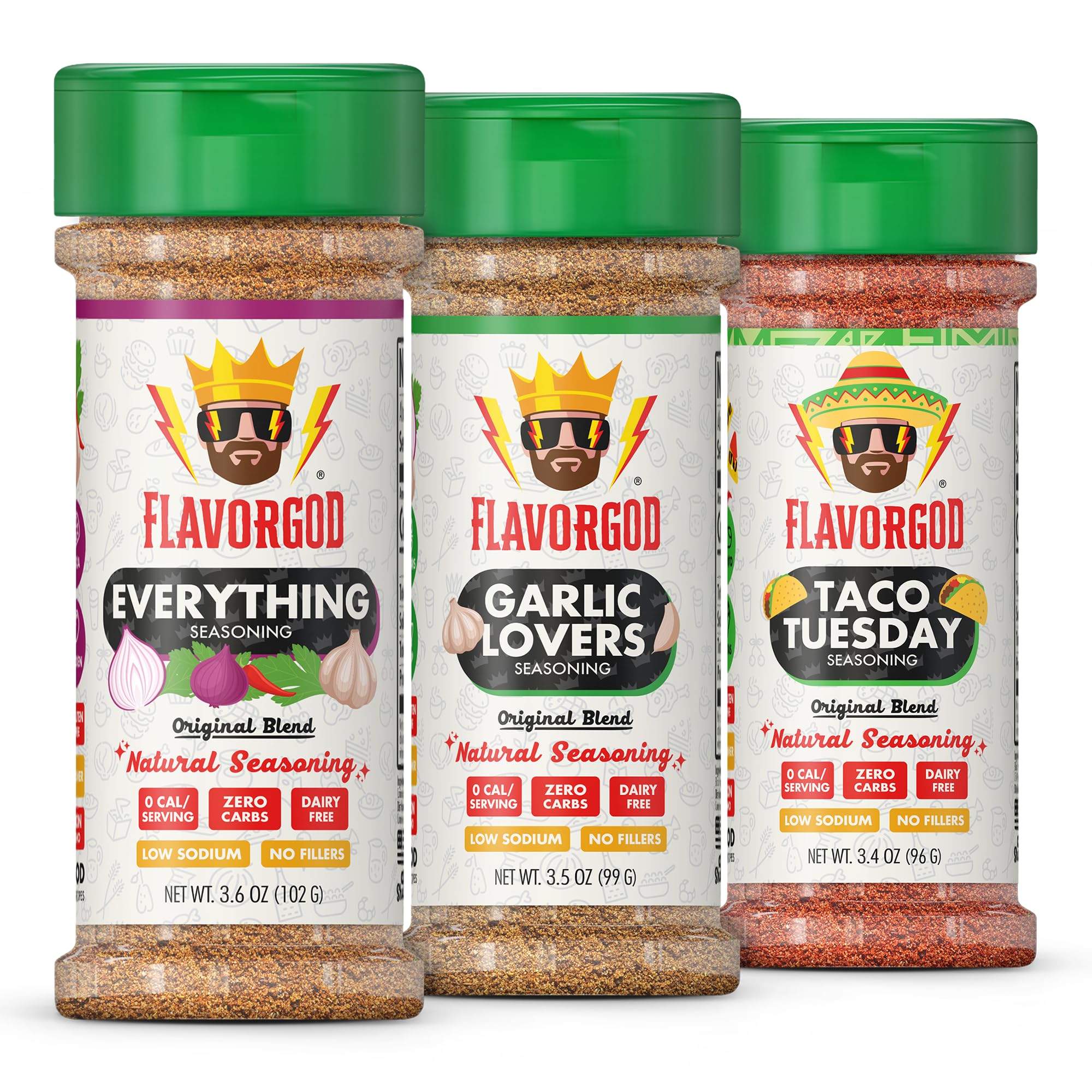 Flavor God Keto Spice Set, Combo Pack of 3 (Everything, Garlic Lovers, Taco Tuesday) Herb, Spice, Vegetable Seasoning Gift, Natural Healthy Blend