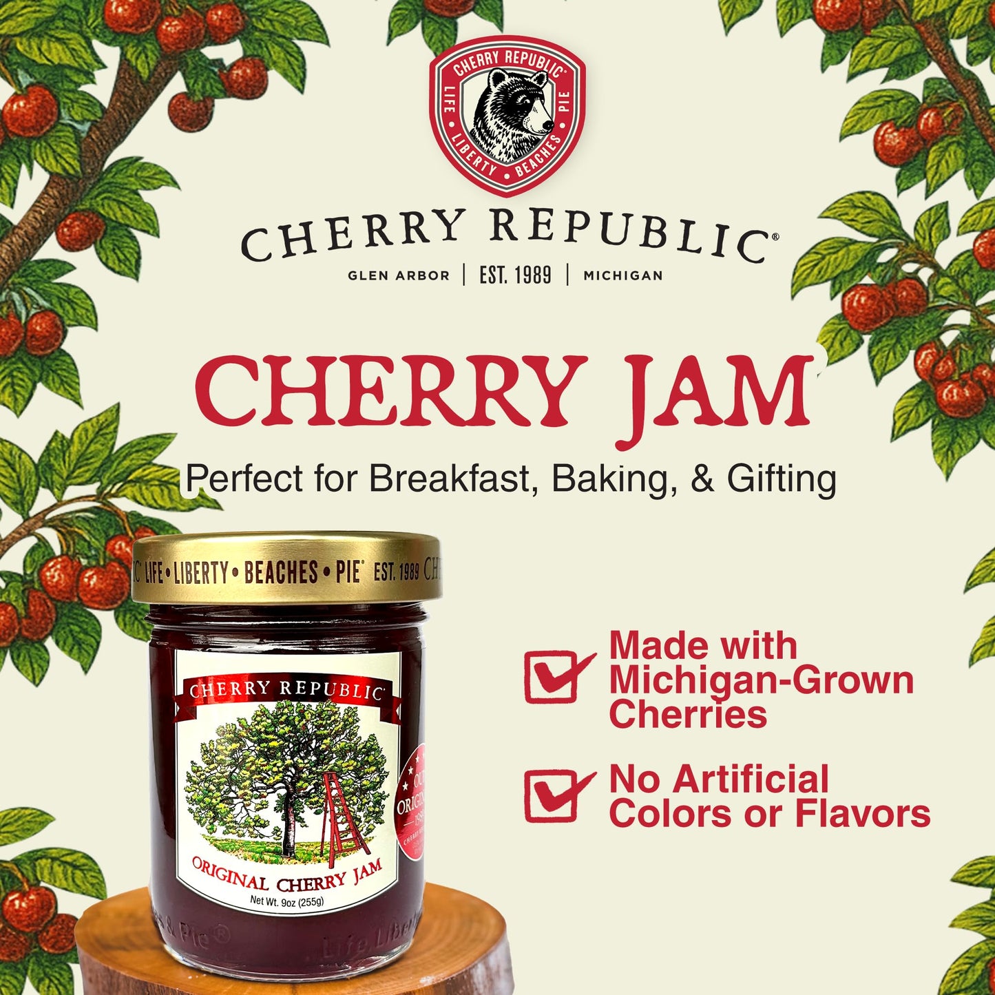 Cherry Republic Orginal Cherry Jam, 9 oz - Made with Real Chunks of Michigan Cherries, Balanced Sweet Tart Flavor, Made with Simple Ingredients