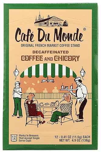 Cafe Du Monde Decaf Coffee and Chicory Single Serve Cups, Box of 12, .41 oz each