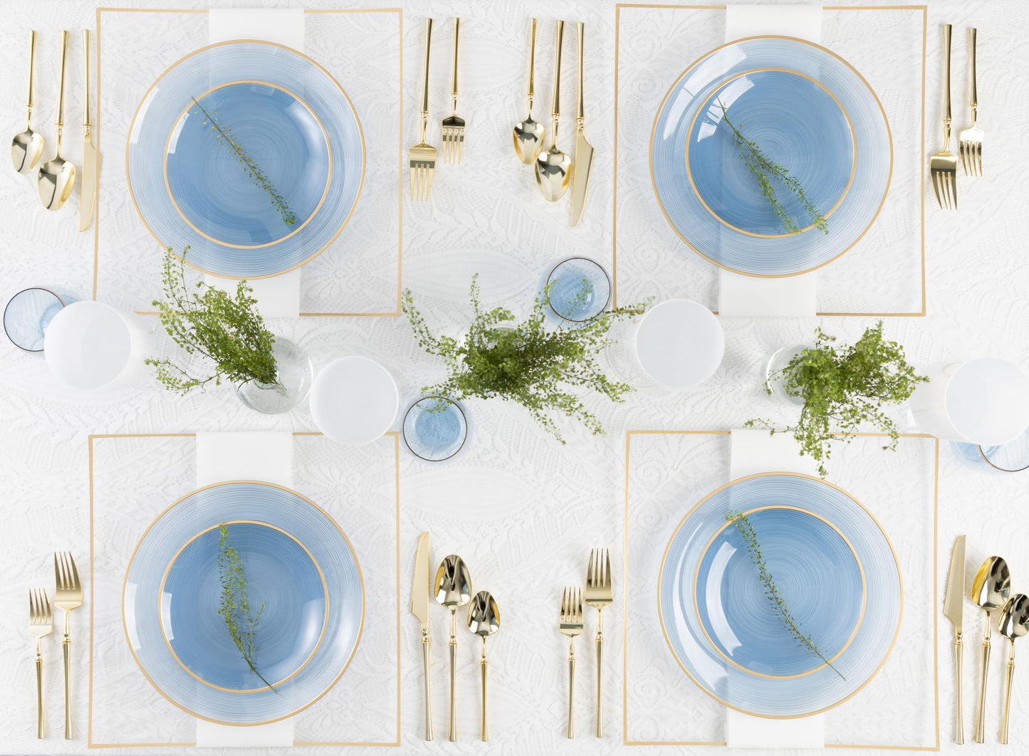 PLASTICPRO 32 Pieces Crystal Design Plastic Plates Combo Pack 7 inch and 10 inch Gold Rim Elegant Disposable Plates, Transparent Blue