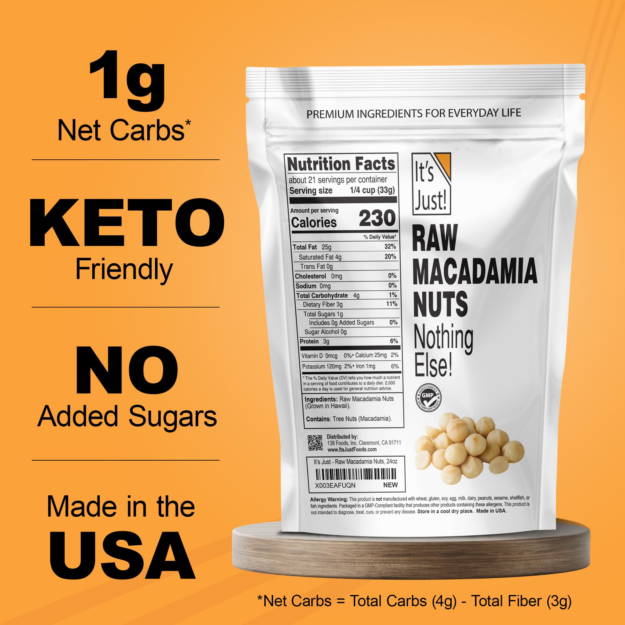 It's Just - Hawaiian Macadamia Nuts, Raw Unsalted, Perfect for Baking, Grown in Hawaii, Made in USA, Keto Friendly, Resealable Bag [24oz (Pack of 1)