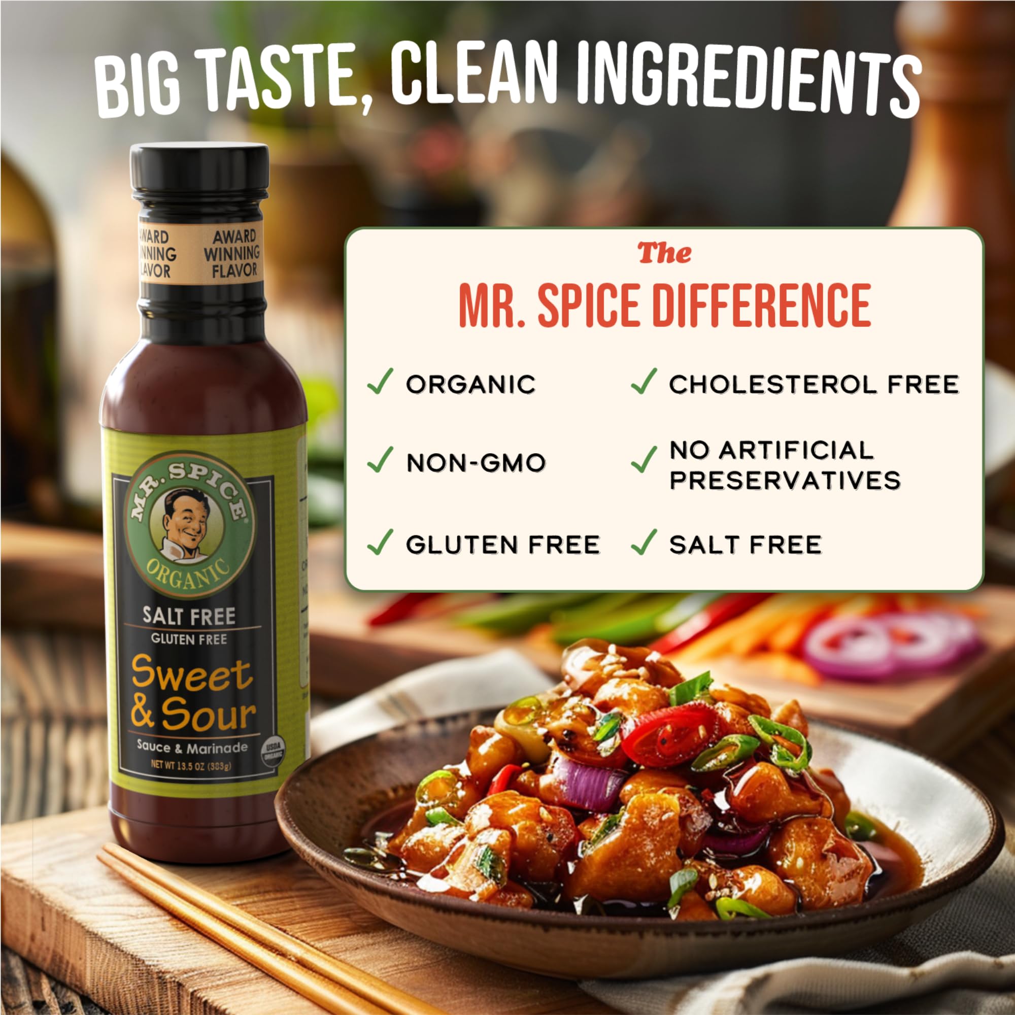 Mr. Spice Organic Sweet and Sour Sauce, Salt Free Sweet & Sour Dipping Sauce (5 mg/serving), Gluten Free, Low Sodium Sauces for Marinade and Wok, No