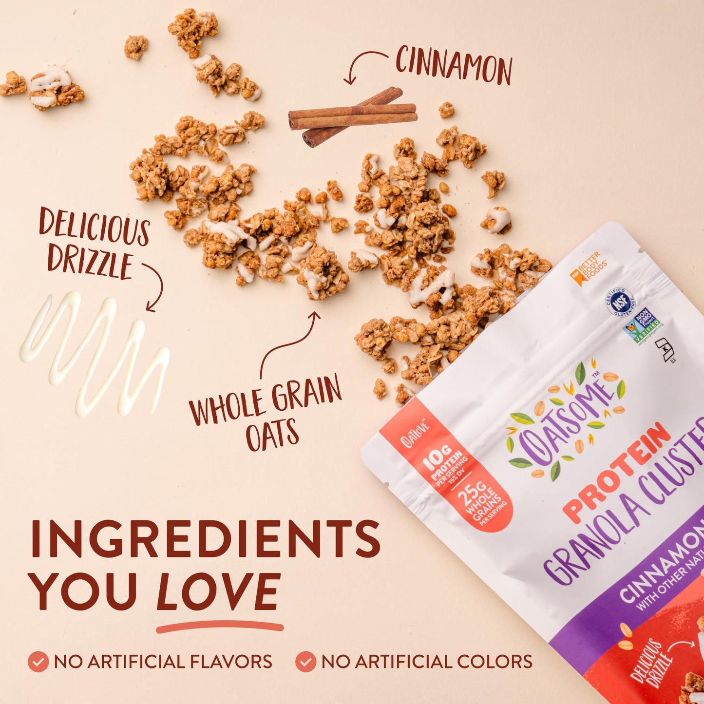 Oatsome Protein Cinnamon Roll Clusters, 10g Plant-Based Protein, Gluten Free, Made with Cinnamon & Whole Grain Oats, for Snack Breakfast Yogurt, 10 Oz