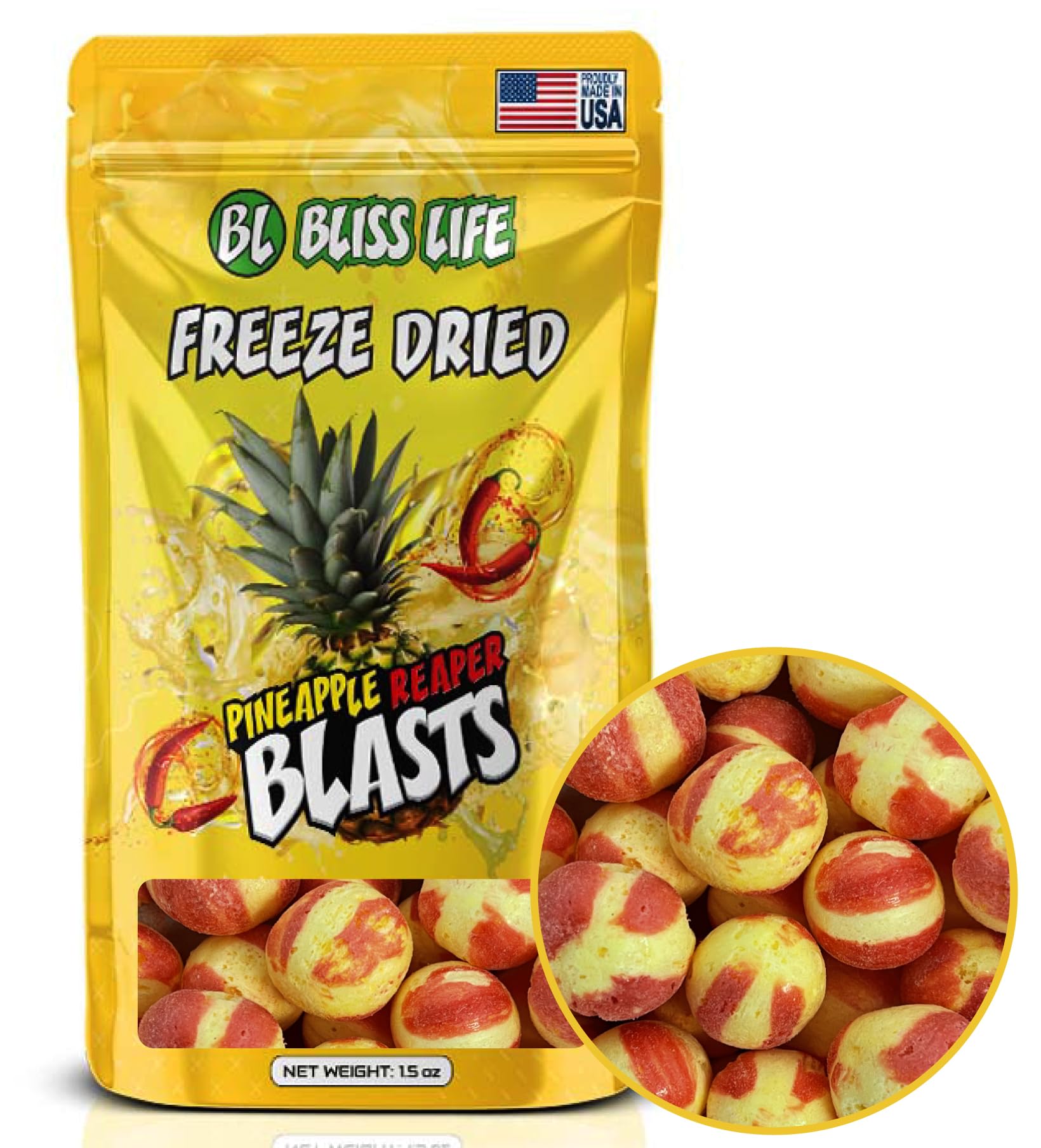 Bliss Life Pineapple Reaper Blast Freeze Dried Pineapple Fruit Candy from TikTok, ASMR Crunchy Candy, Spicy Sweet and Sour Kids Snacks, Unique Novelty