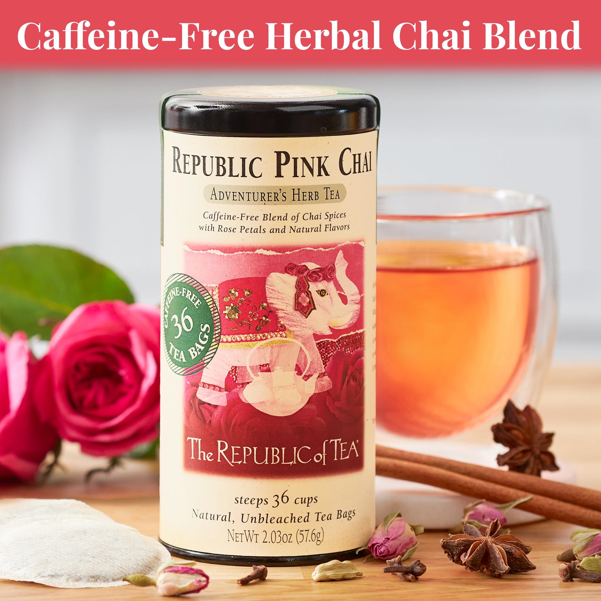 The Republic of Tea - Republic Pink Chai Herbal Tea Tin, 36 Tea Bags, Naturally Caffeine Free