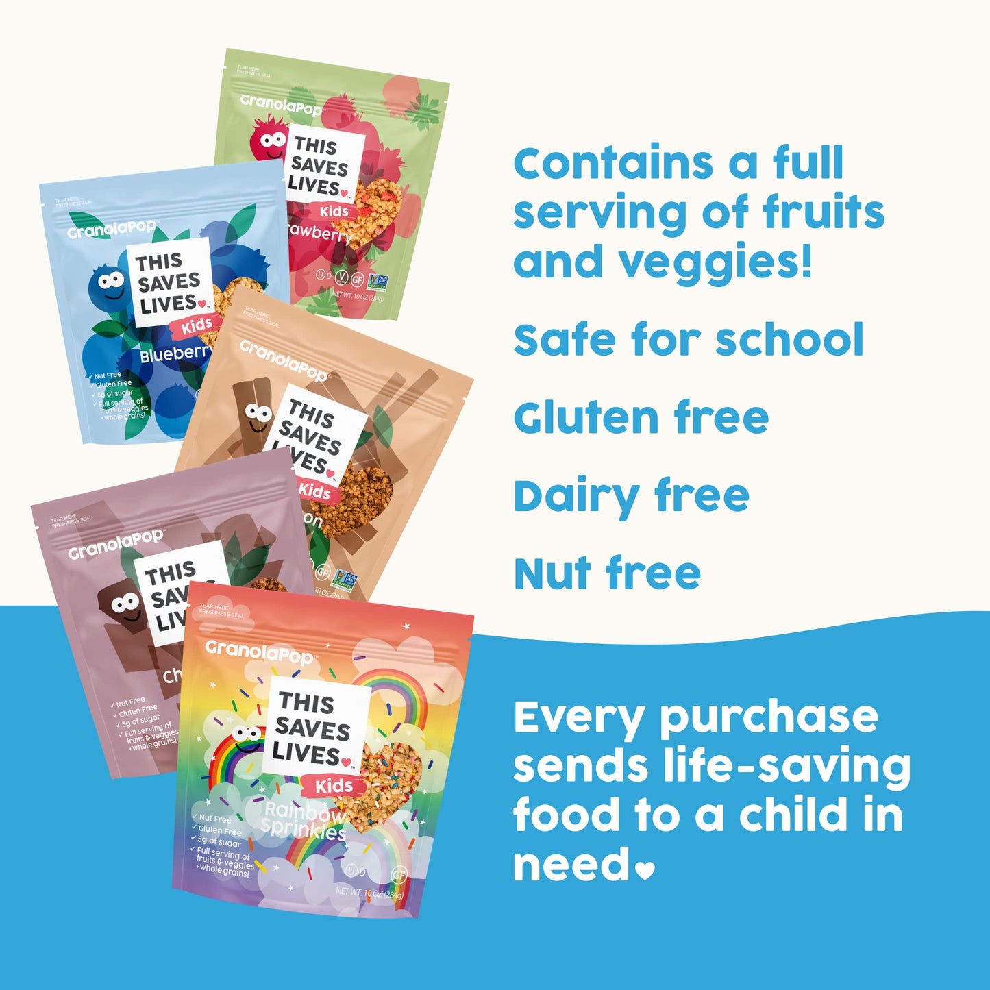 This Saves Lives Kids' GranolaPop, 5 Flavor Granola Variety Pack, Healthy Safe-For-School Kids' Breakfast and Snack, Vegan, Gluten Free, Nut Free