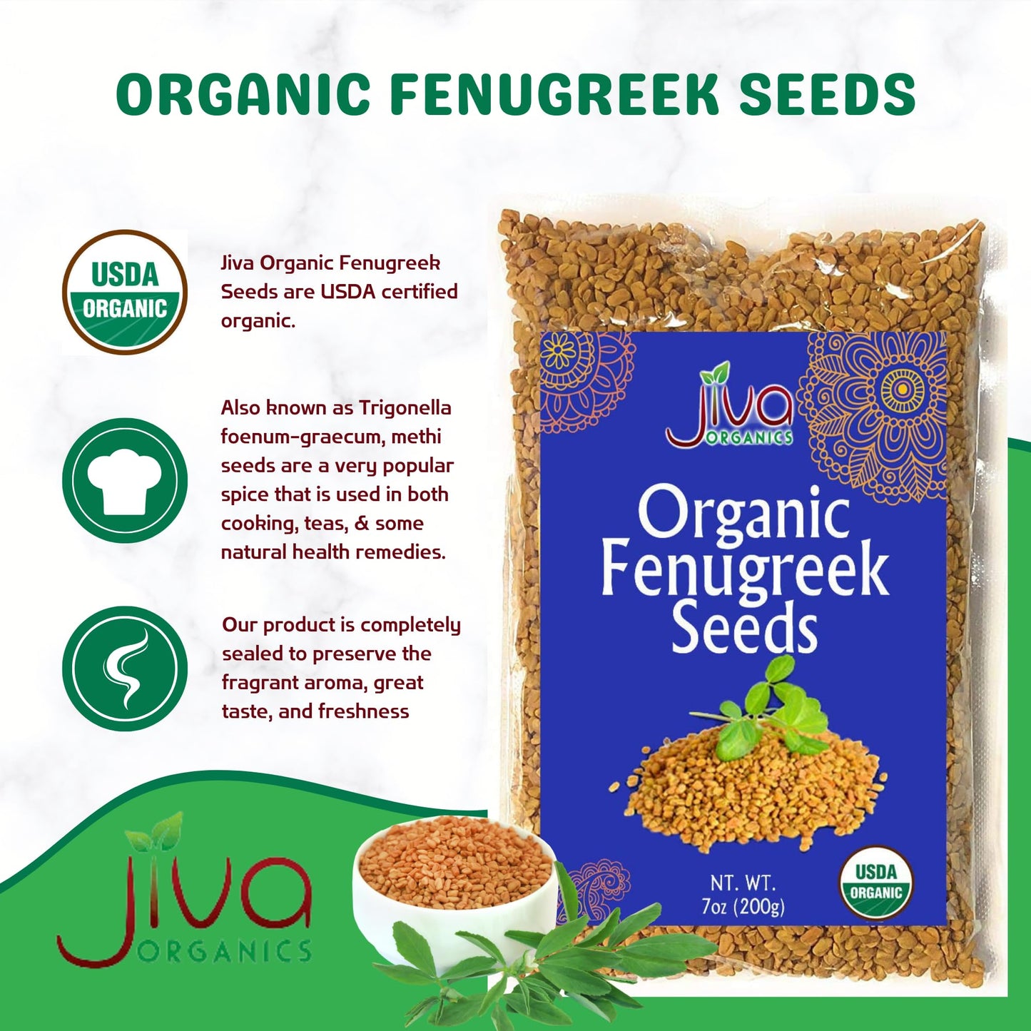 Jiva Organic Fenugreek Seeds 7 Ounce - Non-GMO, Gluten Free, All Natural Fenugreek Spice - Organic Fenugreek Seeds for Hair Growth, Cooking
