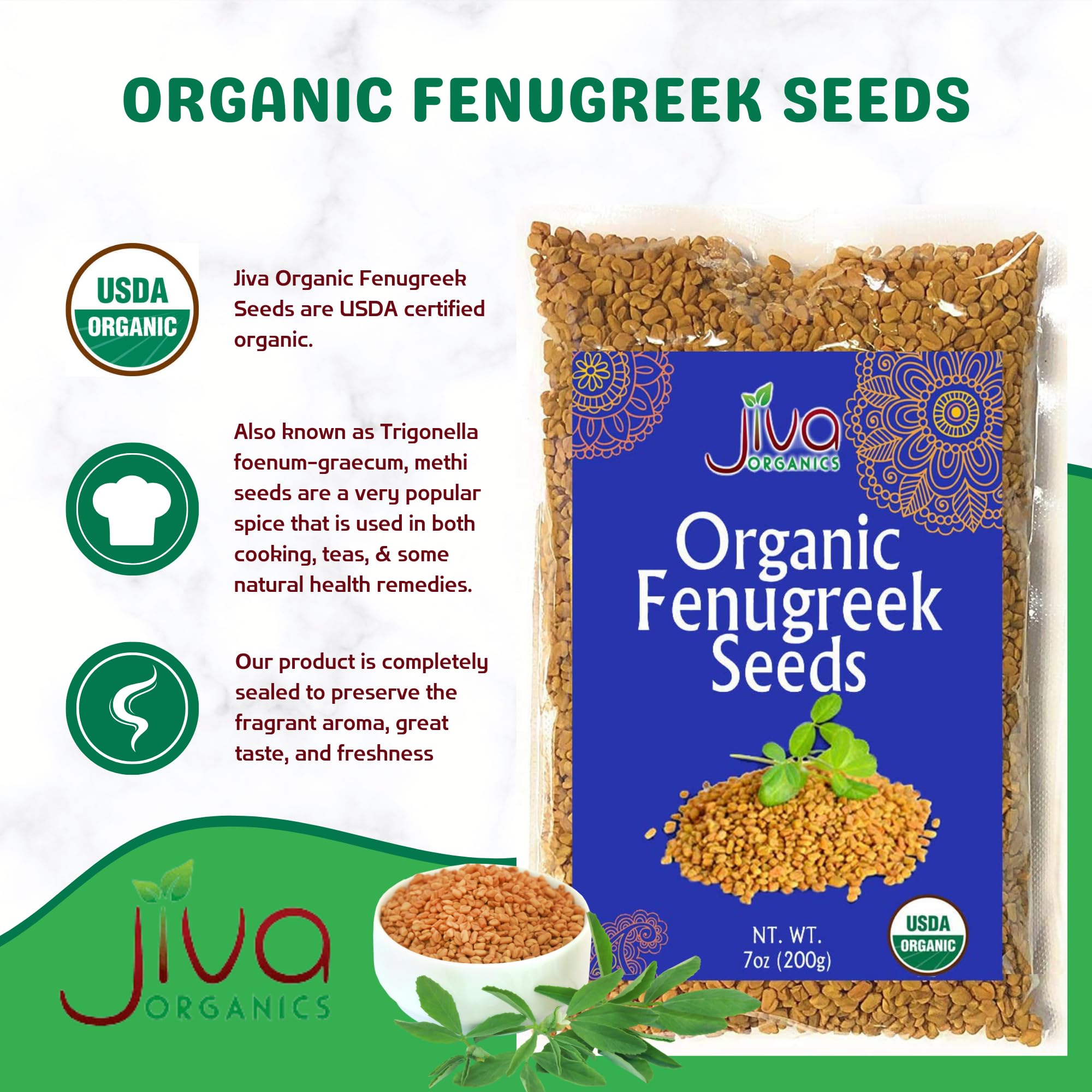 Jiva Organic Fenugreek Seeds 7 Ounce - Non-GMO, Gluten Free, All Natural Fenugreek Spice - Organic Fenugreek Seeds for Hair Growth, Cooking