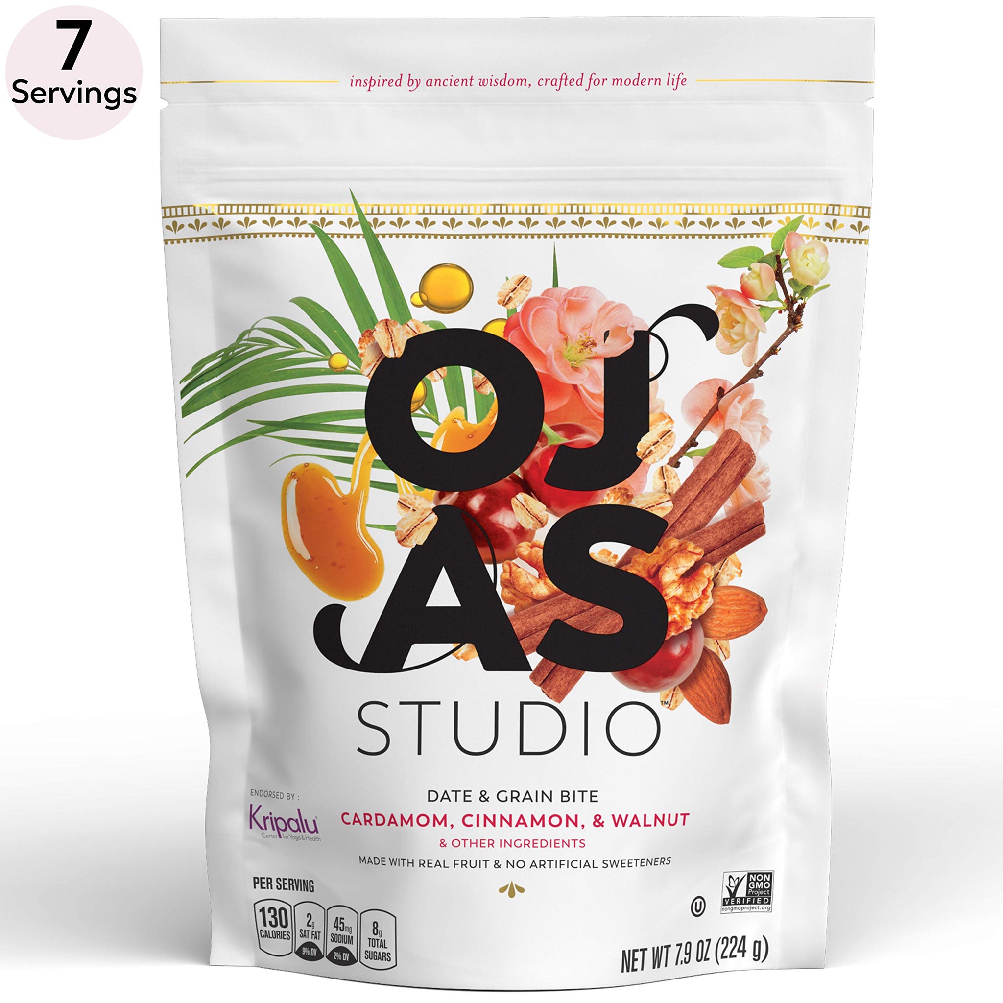 OJAS STUDIO Date & Grain Energy Bites, Cardamom Cinnamon & Walnut, 7-serving resealable bag, 7.9oz, non-GMO, no artificial sweeteners