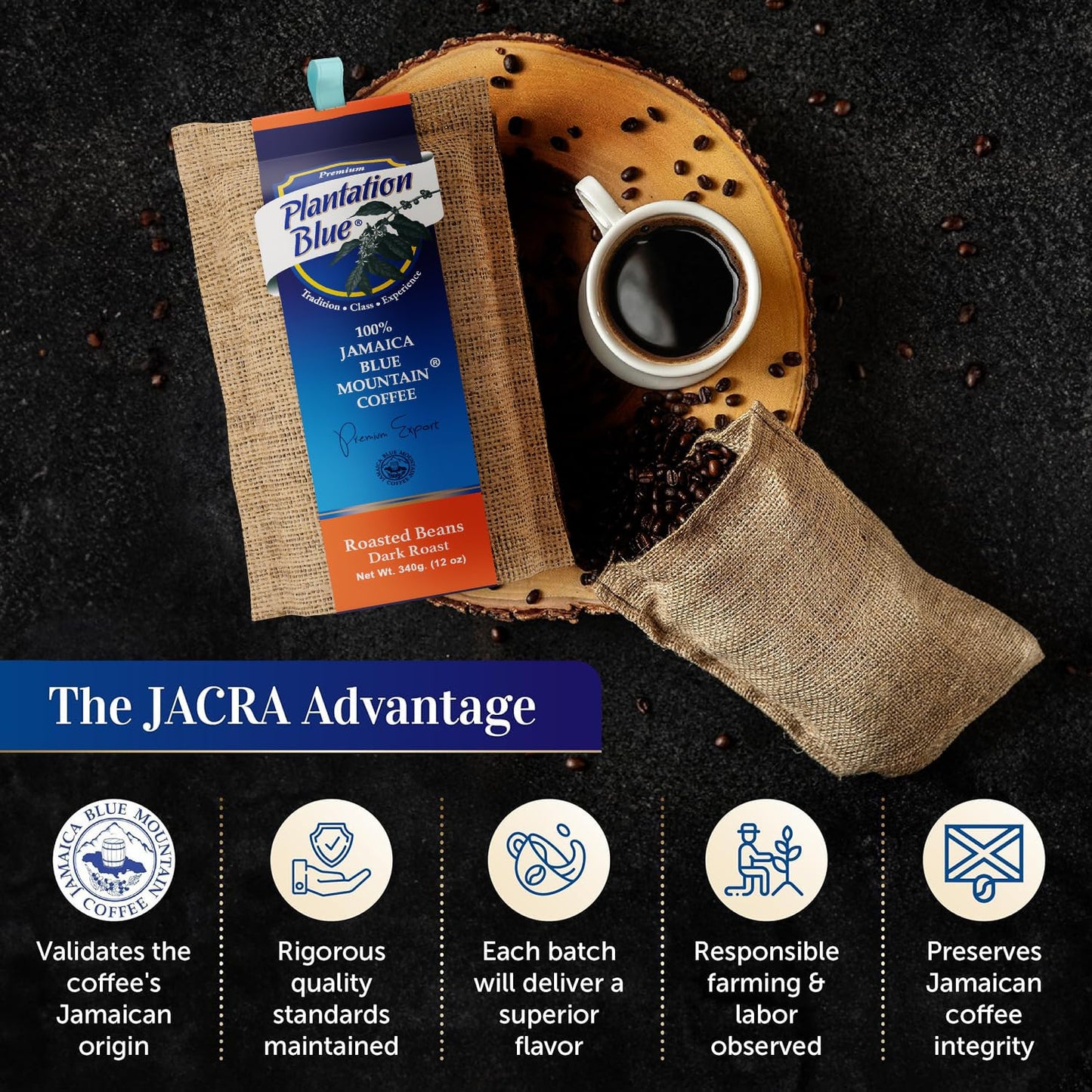 Plantation Blue 100% Blue Mountain Coffee, Dark Roast, Whole Bean, Premium Jamaican Coffee, 12oz