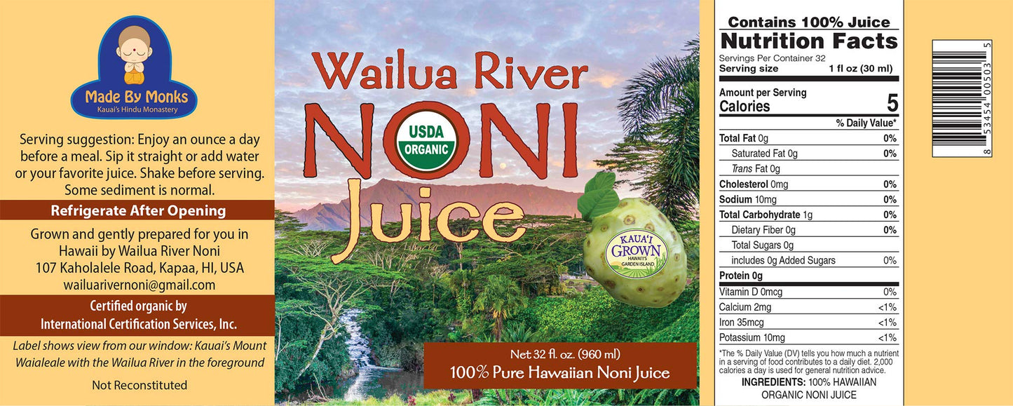 Wailua River Noni Juice - 100% Organic Authentic Hawaiian Noni Juice - USDA Certified Organic - Grown on the Island of Kauai - 2 Quarts