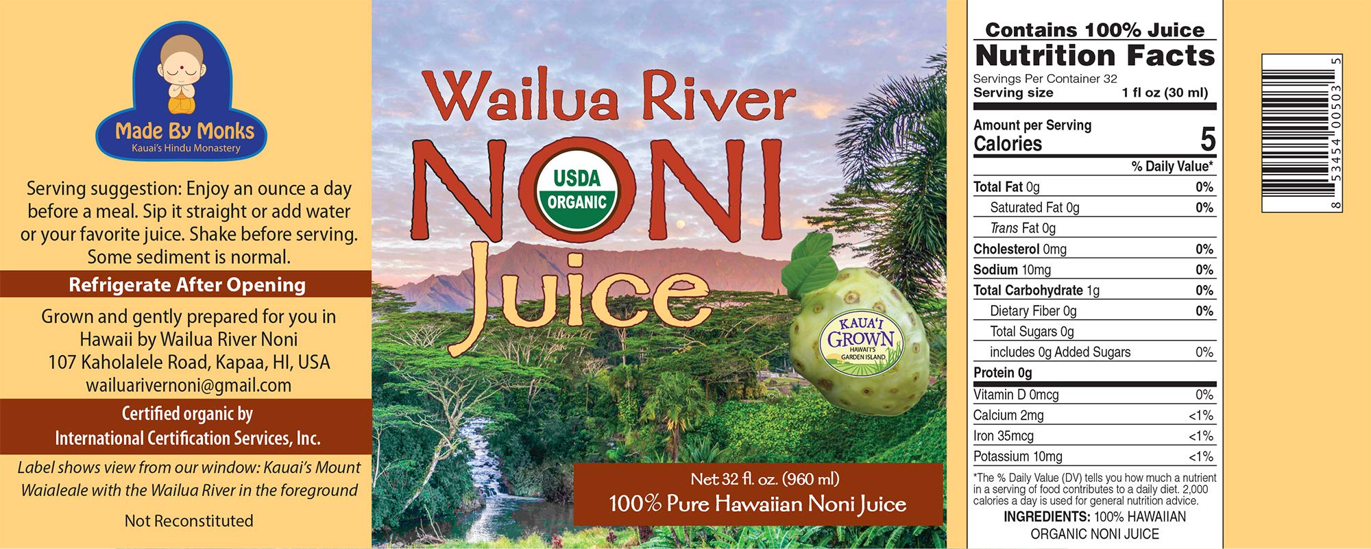 Wailua River Noni Juice - 100% Organic Authentic Hawaiian Noni Juice - USDA Certified Organic - Grown on the Island of Kauai - 2 Quarts