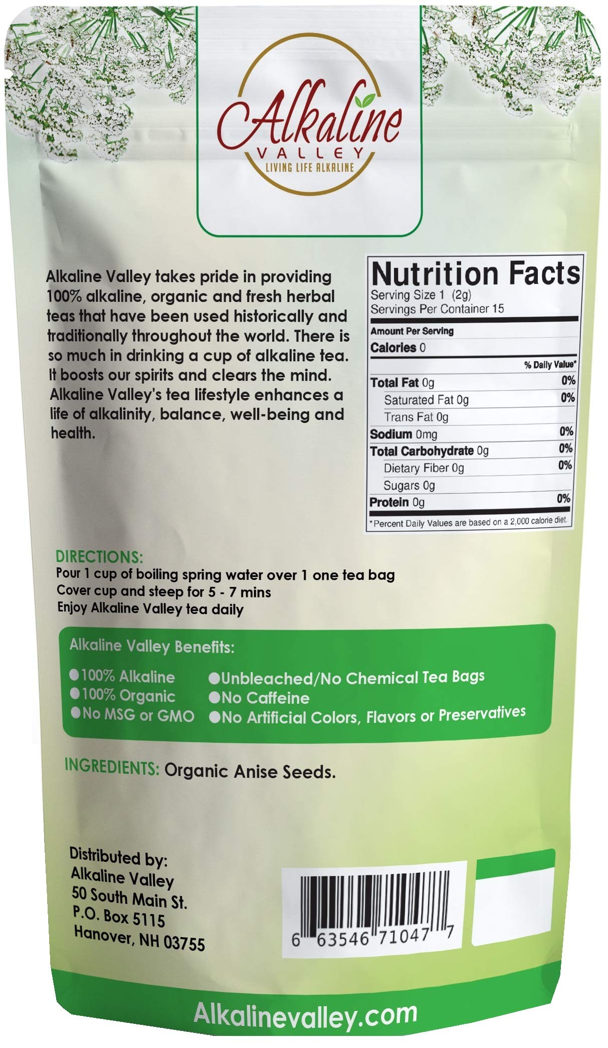 Anise Tea - 100% Organic and Alkaline - 15 Unbleached/Chemical-Free Anise Tea Bags - Pack of 3 - Caffeine-Free, No GMO