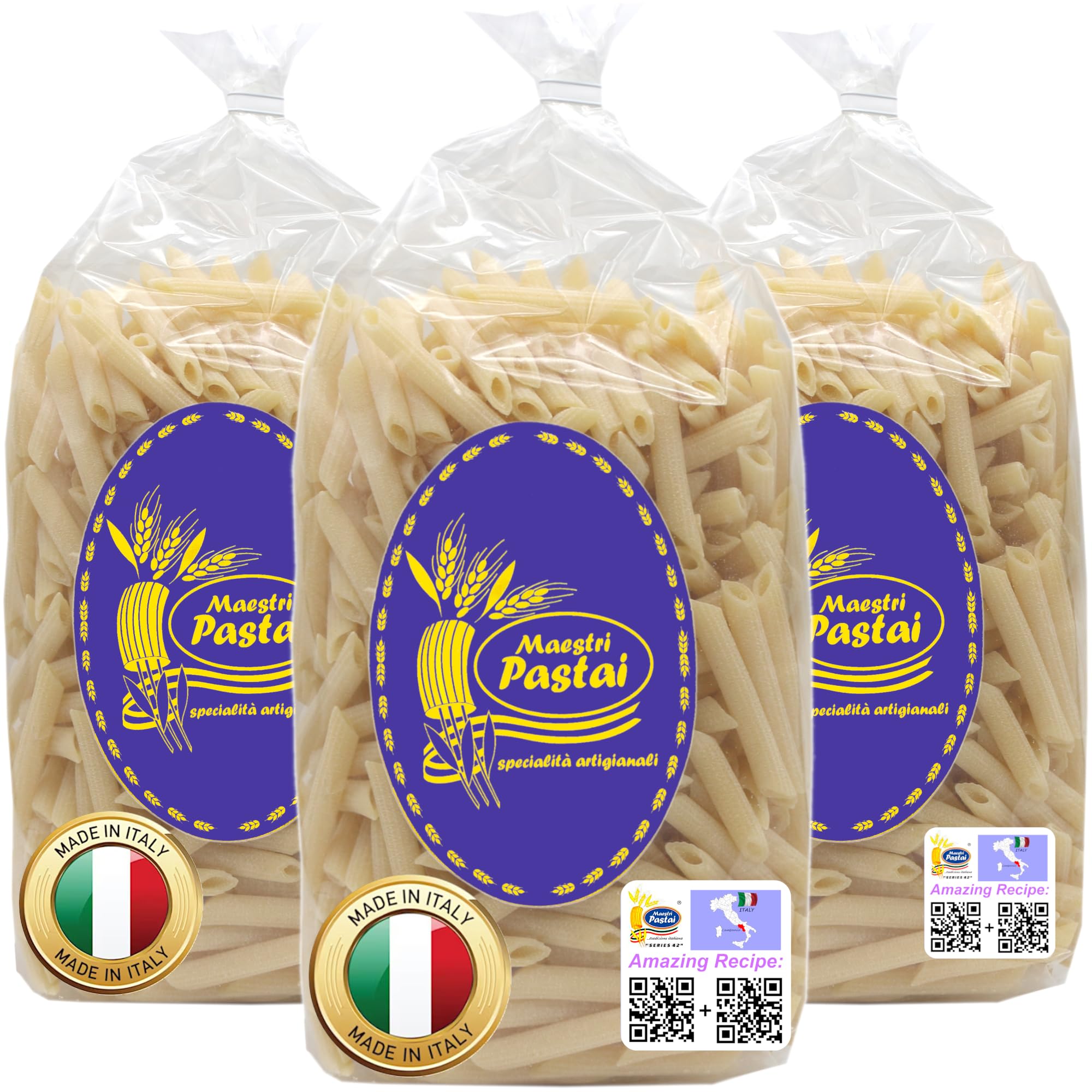 Maestri Pastai, Gourmet Pennette Rigate Italian Pasta "Feather Pen Pasta" (Small Penne Pasta), Special "Series 42", Premium Quality Imported Pasta