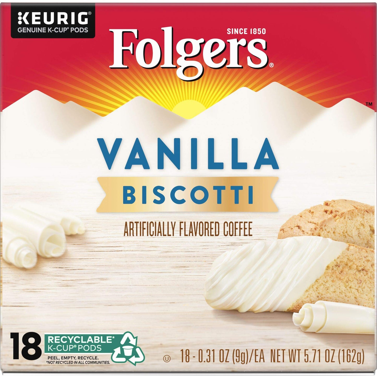 Folgers Vanilla Biscotti Flavored Coffee, K-Cup Pods for Keurig K-Cup Brewers, 18-Count, Packaging May Vary