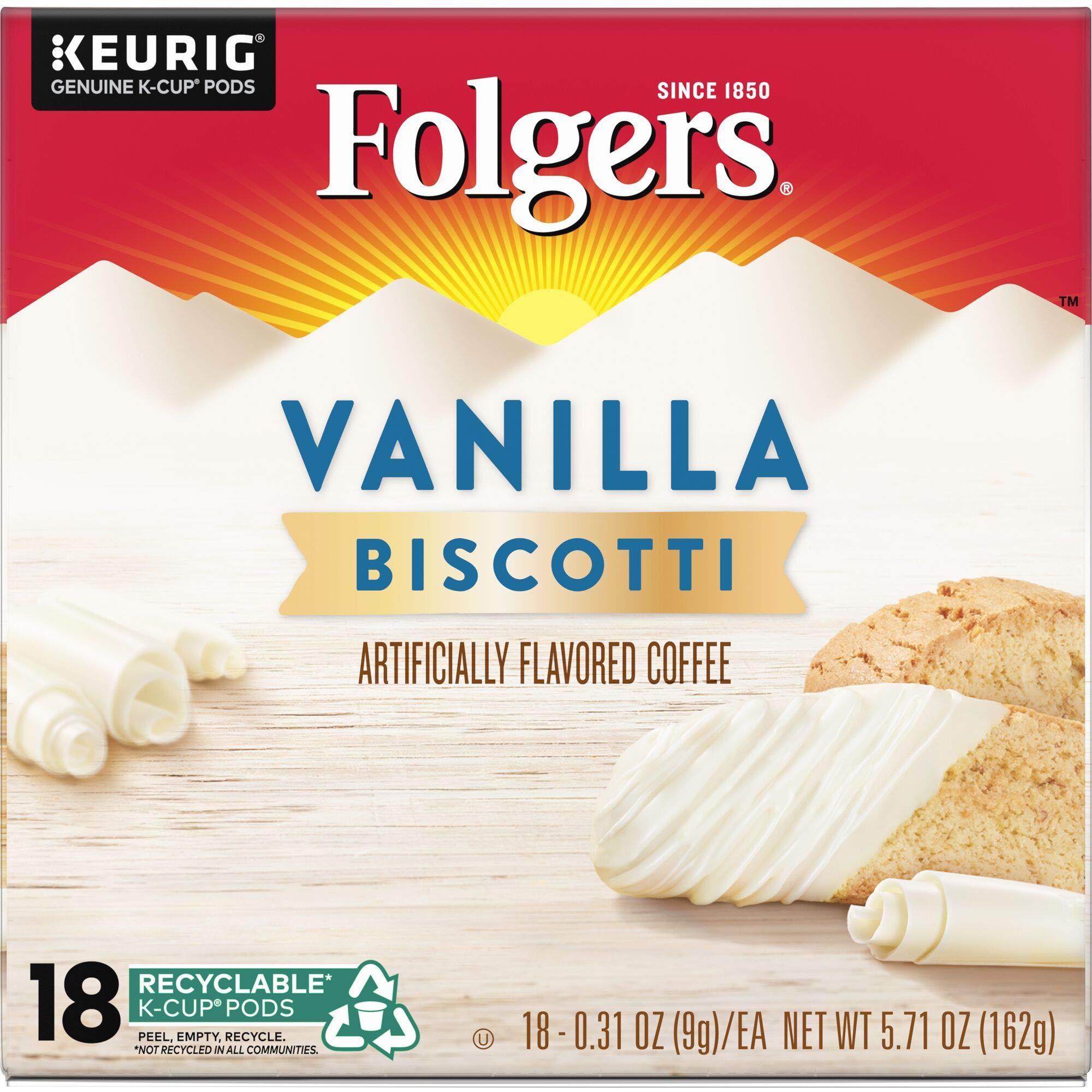 Folgers Vanilla Biscotti Flavored Coffee, K-Cup Pods for Keurig K-Cup Brewers, 18-Count, Packaging May Vary