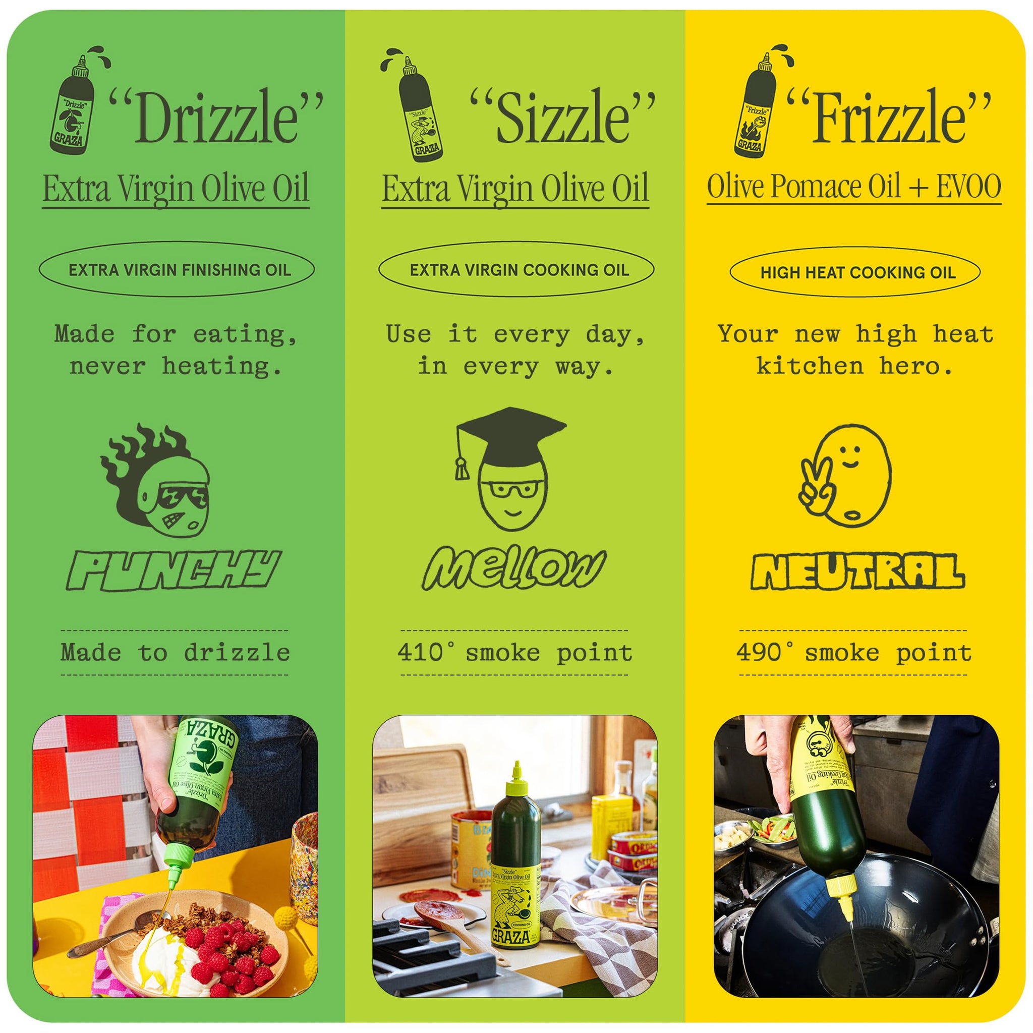 Graza Sizzle Extra Virgin Olive Oil, Cooking Oil - High Polyphenol Peak Harvest EVOO Cooking Oil in a Squeeze Bottle - Single Farm Olives from Spain