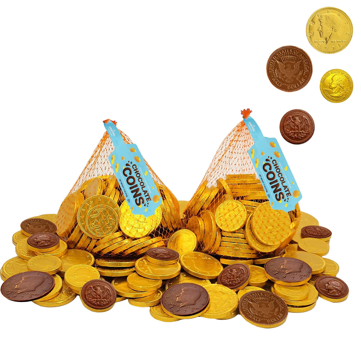 Milk Chocolate Coins, 2-Pack Large Mesh Bag contains 70 Half Dollar Coins, for ST. Patrick's Day Made with Premium Nut-Free Belgian Chocolate, Kosher