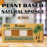 Bruhati Coconut Kitchen Sponges (12 Pack) - Natural Coconut Fiber & Cellulose Dish Scrubber, Biodegradable Compostable Plant-Based Sponges for Dishes