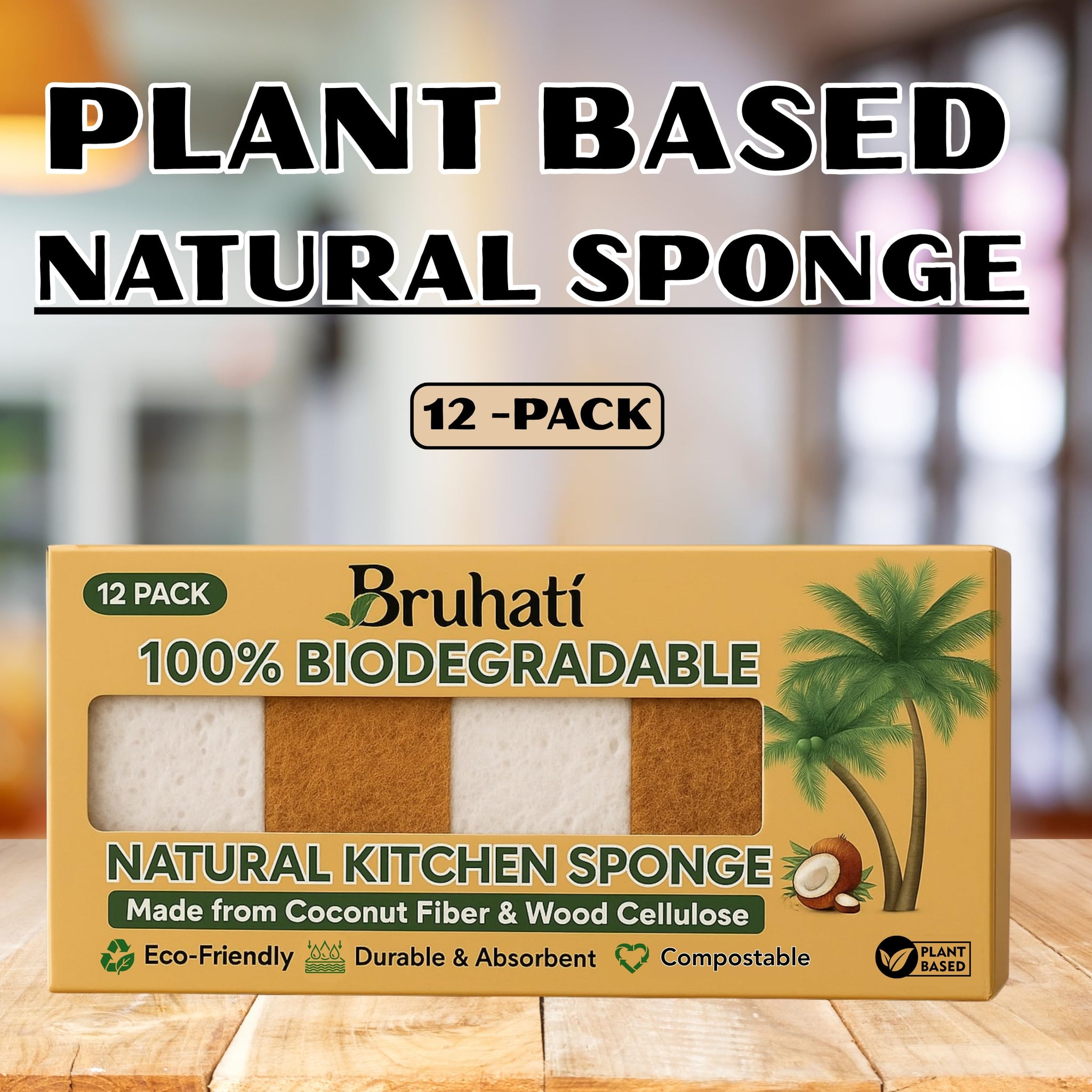Bruhati Coconut Kitchen Sponges (12 Pack) - Natural Coconut Fiber & Cellulose Dish Scrubber, Biodegradable Compostable Plant-Based Sponges for Dishes