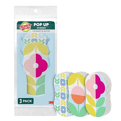 Scotch-Brite Brite Blooms Pop Up Kitchen Sponges, Unique Compressed Kitchen Sponge for Cleaning Gently, Spring Flower Pattern Dish Sponge that Expands