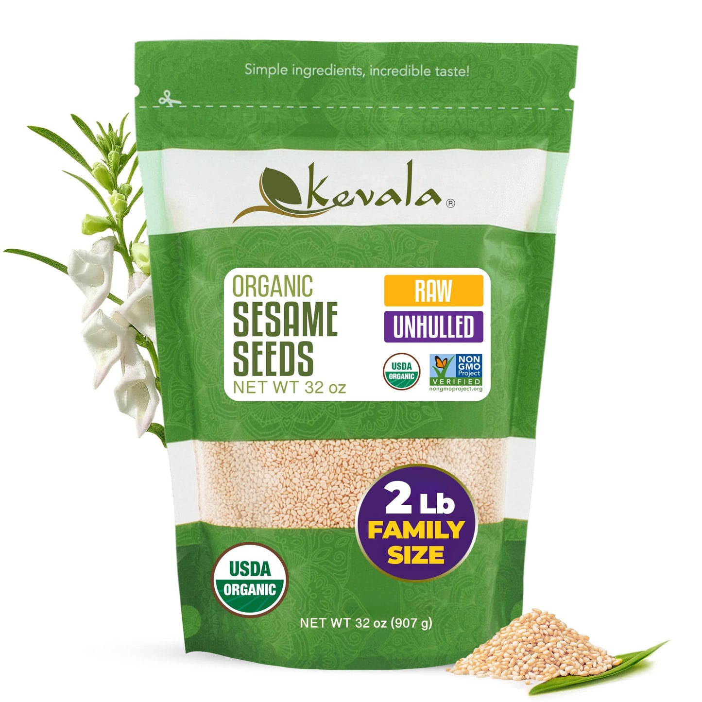 Kevala Raw Sesame Seeds Unhulled - 2 lb, 32 oz, Fresh Crunchy Seasoning