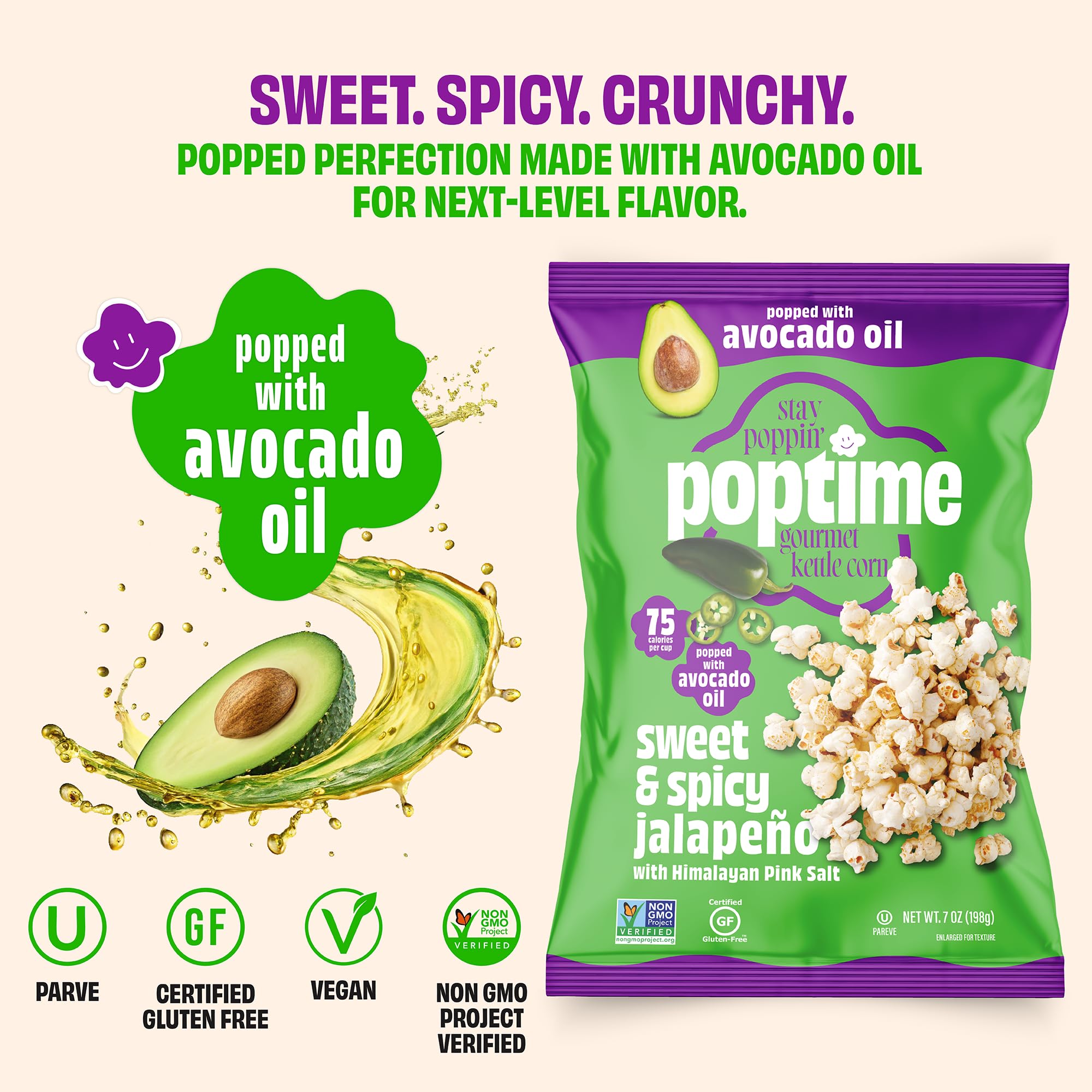 Poptime Sweet & Spicy Jalapeño Kettle Cooked Popcorn, 7 oz Snack Bags, Kettle Corn with Avocado Oil & Himalayan Pink Salt, Low Calorie Healthy Snack