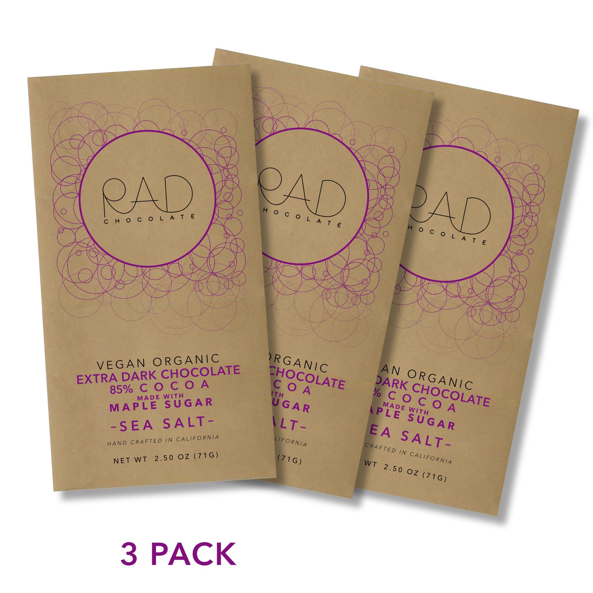 Rad Chocolate Vegan 85% Cacao Sea Salt Chocolate Maple Sugar | 3 pack | Certified Organic | Gluten & Soy Free Chocolate | Paleo Friendly